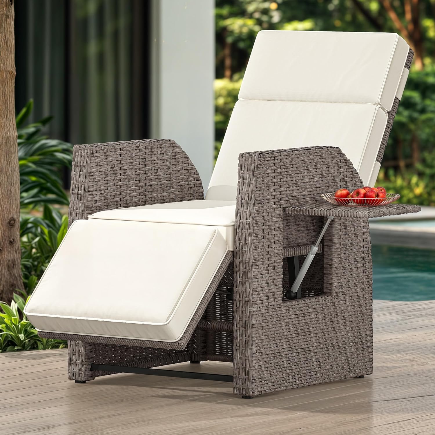 YITAHOME Outdoor Recliner Chair, Wicker Recliner Chair w/150° Reclining, Adjustable Footrest, Flip Table, Reclining Lounge Chair with 2.8" Thick Cushions for Deck Backyard Pool Side, Beige