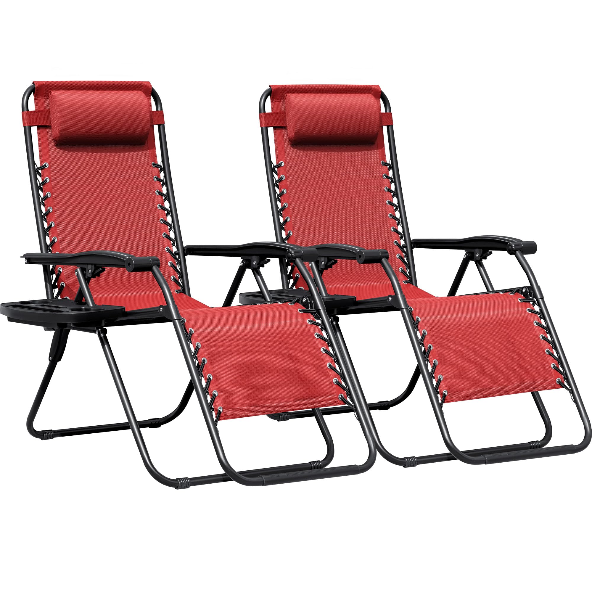 Greesum Zero Gravity Chairs Set of 2 Adjustable Steel Mesh Recliners Beach Deck Lawn Camping Patio Foldable Lounge Chair with Cup Holder Trays and Pillows,Black