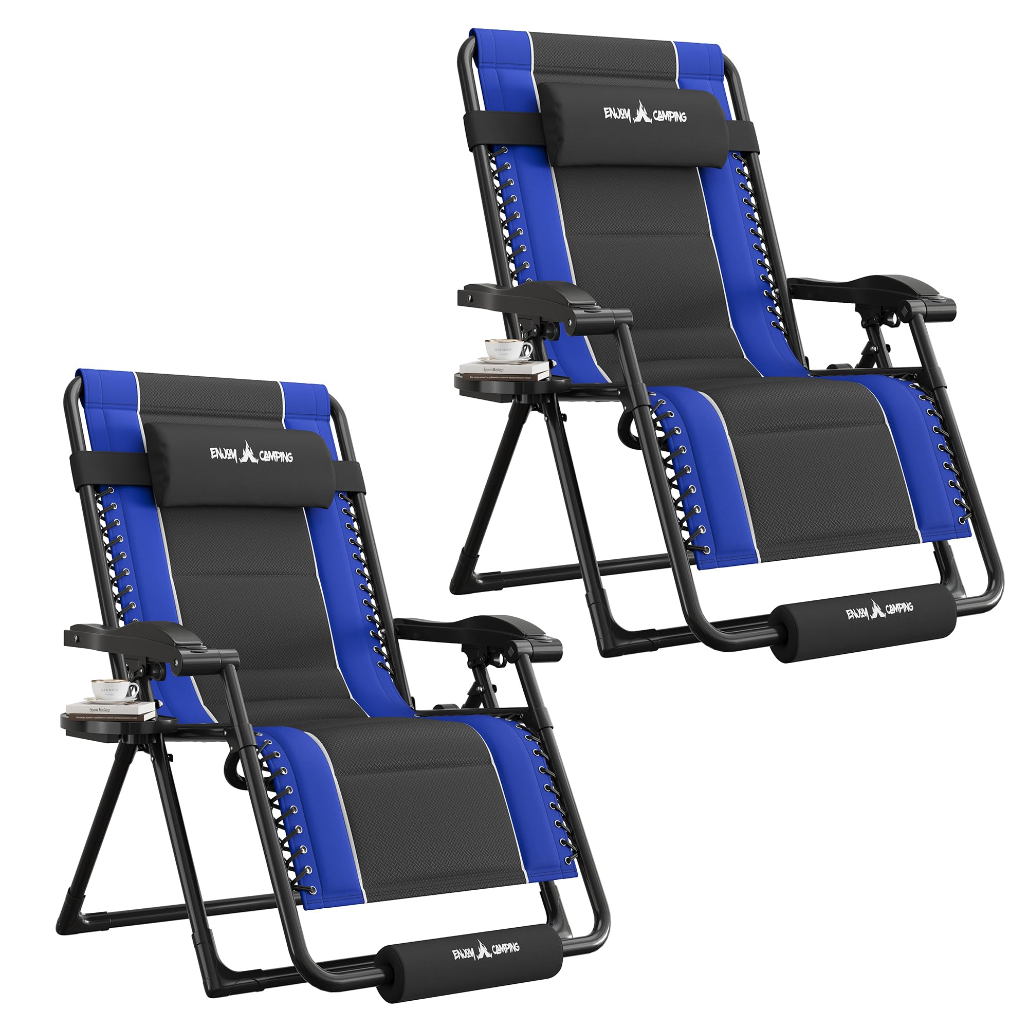 UDPATIO Zero Gravity Chair Oversized Outdoor Anti Gravity Chairs Patio Lounge Folding Adjustable Chair with Cup Holder, Foot Pad & Padded Headrest (2, Blue/Brown, 33in)