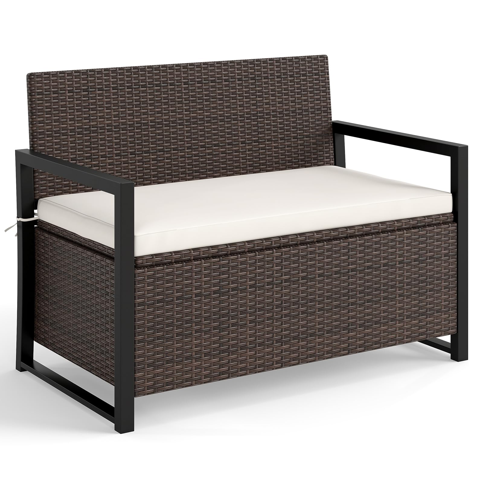 Tangkula 42 Gallon Outdoor Bench with Storage, Outdoor PE Rattan Storage Bench with Cushion, Backrest & Acacia Wood Armrests, Metal Frame, Waterproof Deck Box Seat for Porch Backyard Poolside