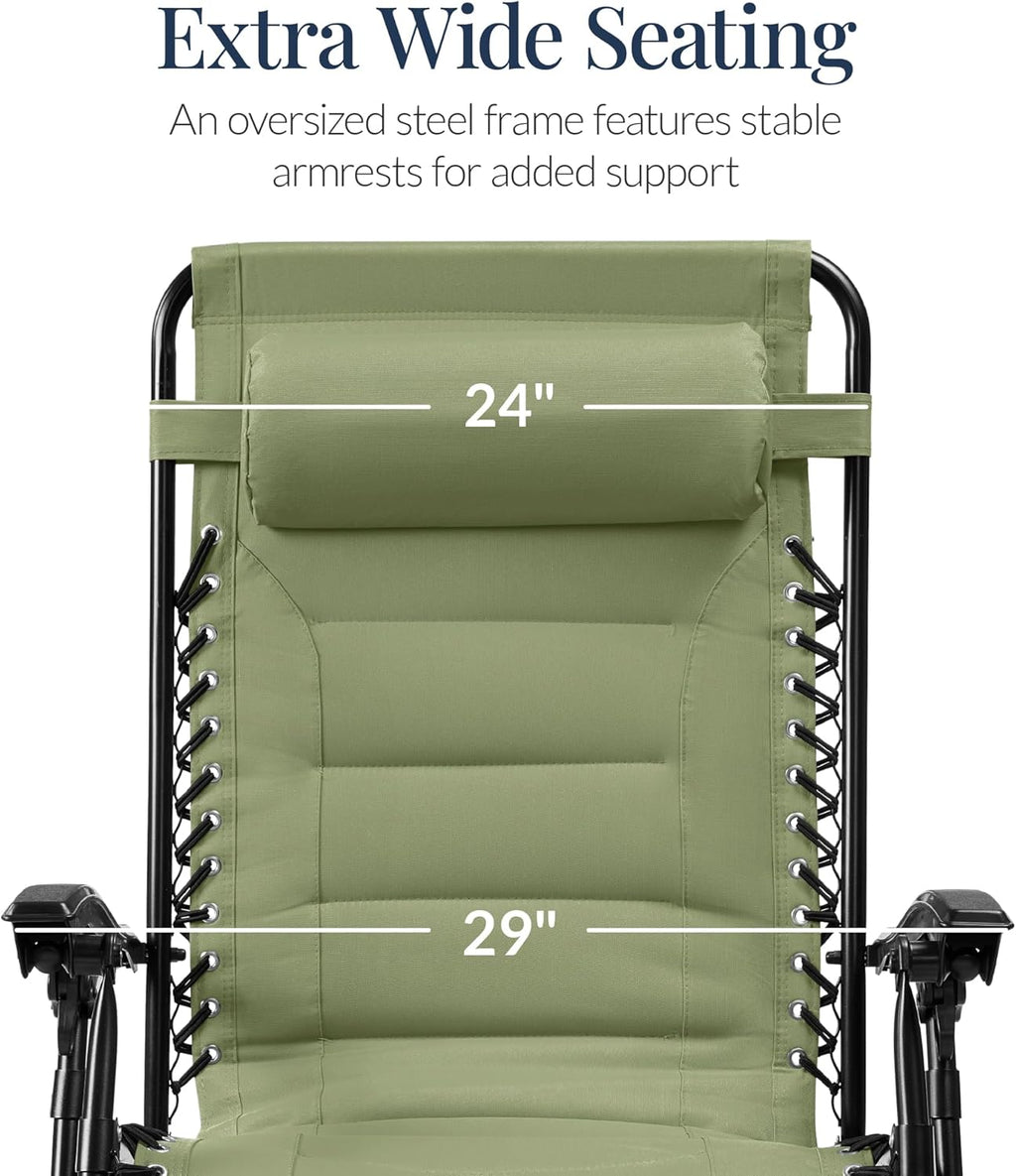 Best Choice Products Oversized Padded Zero Gravity Chair, Folding Outdoor Patio Recliner, XL Anti Gravity Lounger for Backyard w/Headrest, Cup Holder, Side Tray, Polyester Mesh - Sage Green