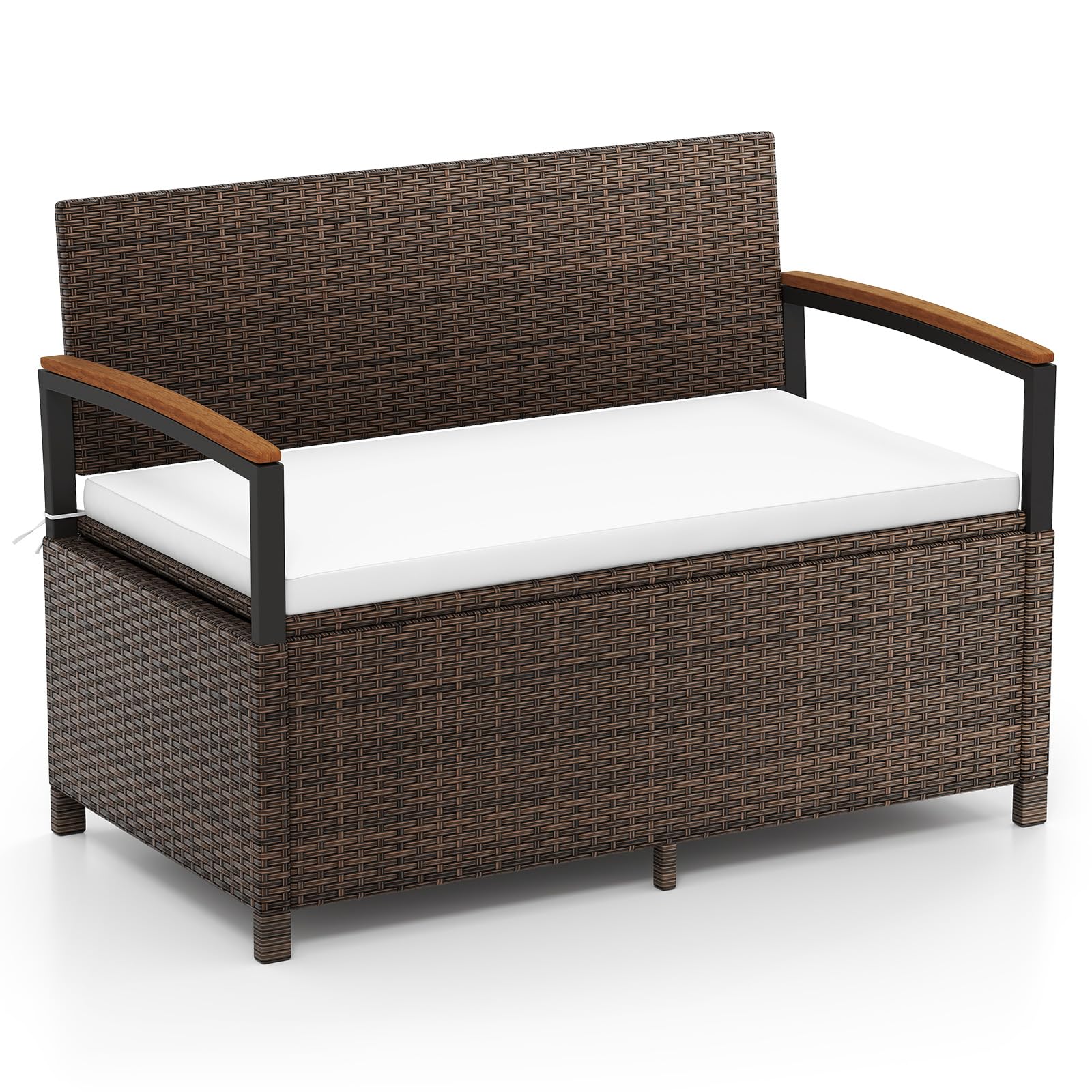 Tangkula 42 Gallon Outdoor Bench with Storage, Outdoor PE Rattan Storage Bench with Cushion, Backrest & Acacia Wood Armrests, Metal Frame, Waterproof Deck Box Seat for Porch Backyard Poolside