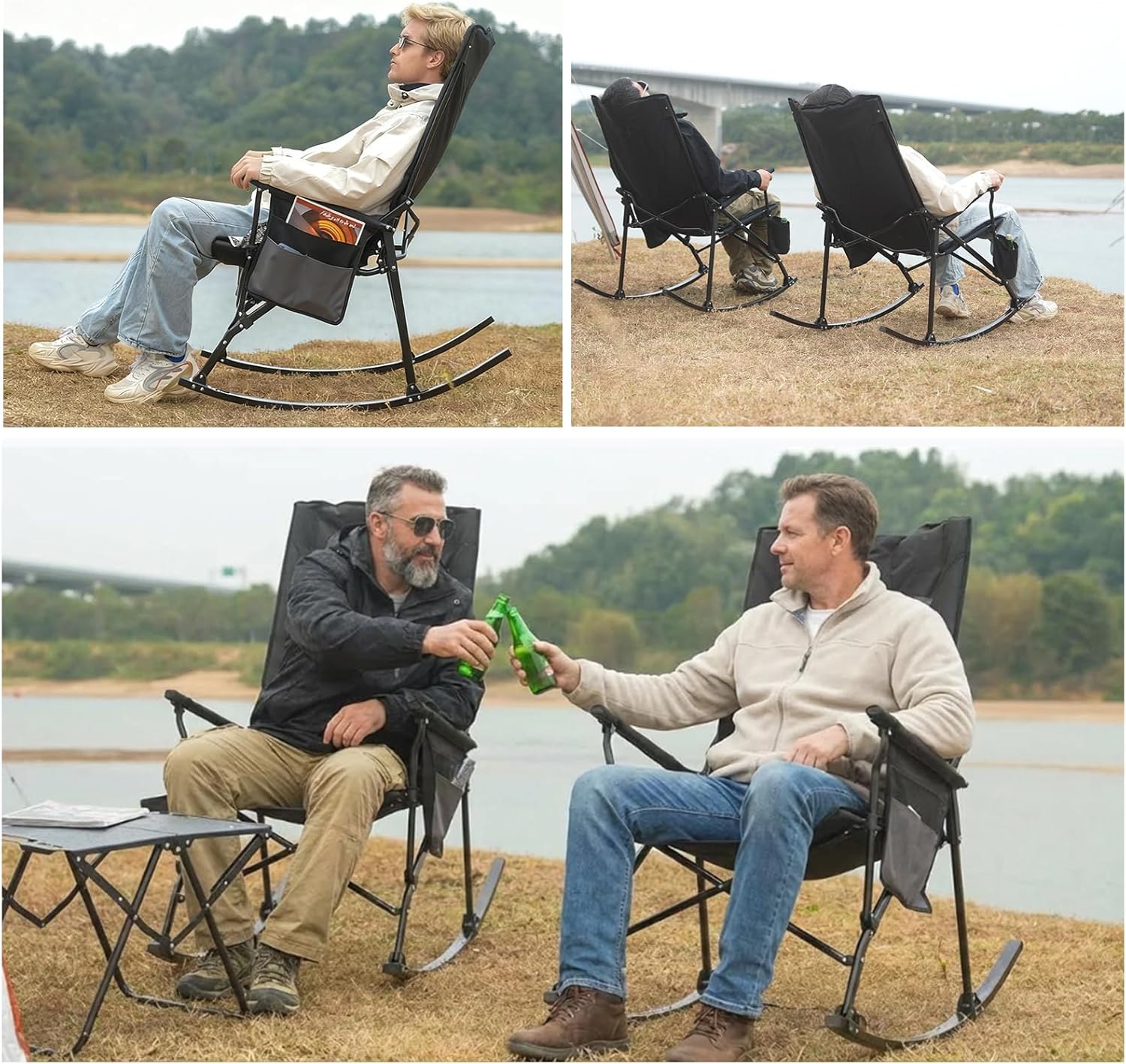 Romswi 2PCS Folding Rocking Camping Chair for Adults, Heavy Duty XL Padded Rocker with High Back, Portable Outdoor Rocking Chair for Patio, Lawn, Garden, Beach Up tp 400 lbs, Blue