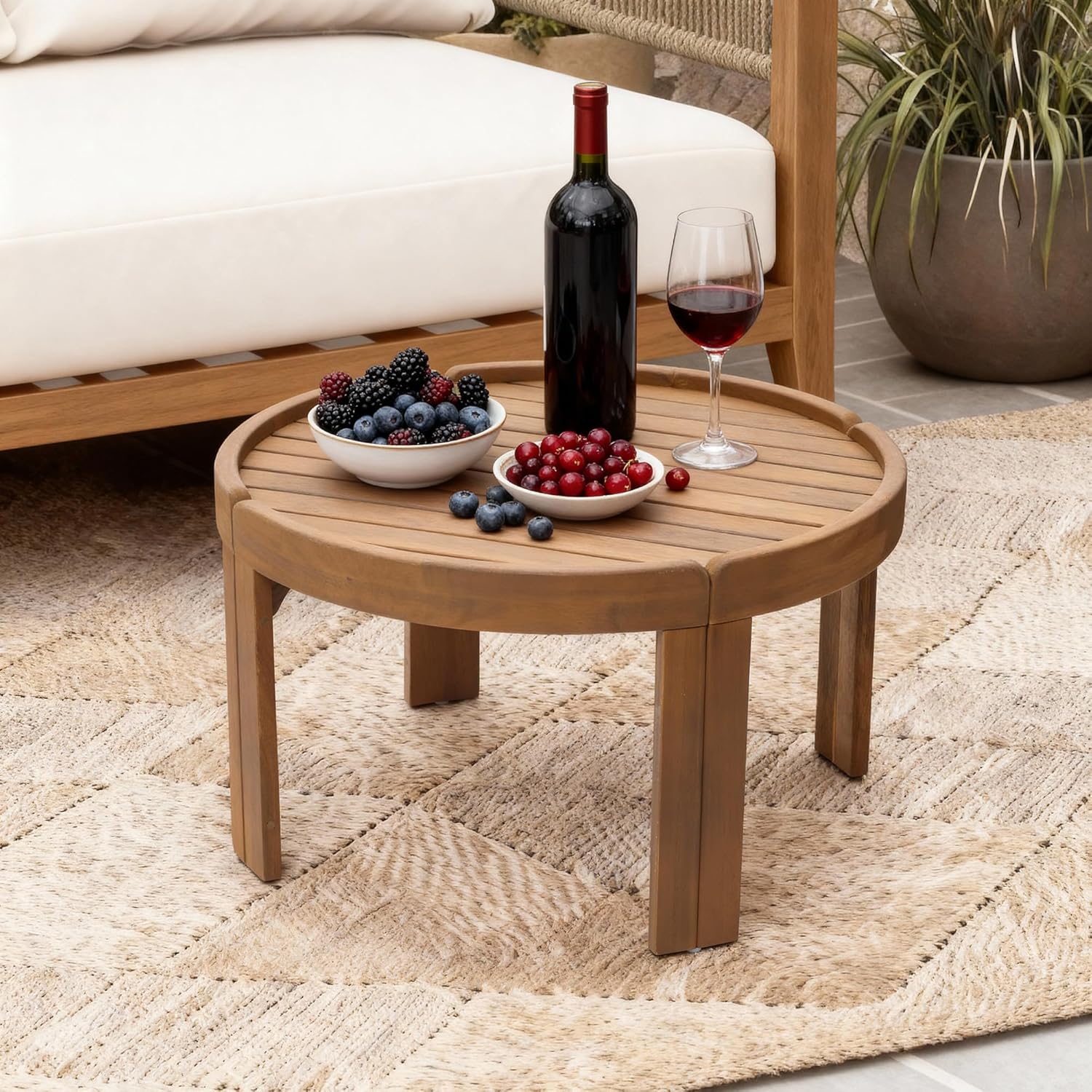 27.5" Dia Wooden Outdoor Table for Patio, Balcony & Porch