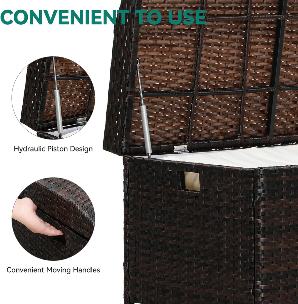 YITAHOME Outdoor Wicker Storage Bench Deck Box, Large PE Rattan Patio Storage Bench w/Covenient Handles and Soft Cushion for Patio, Yard, Lawn, Garden