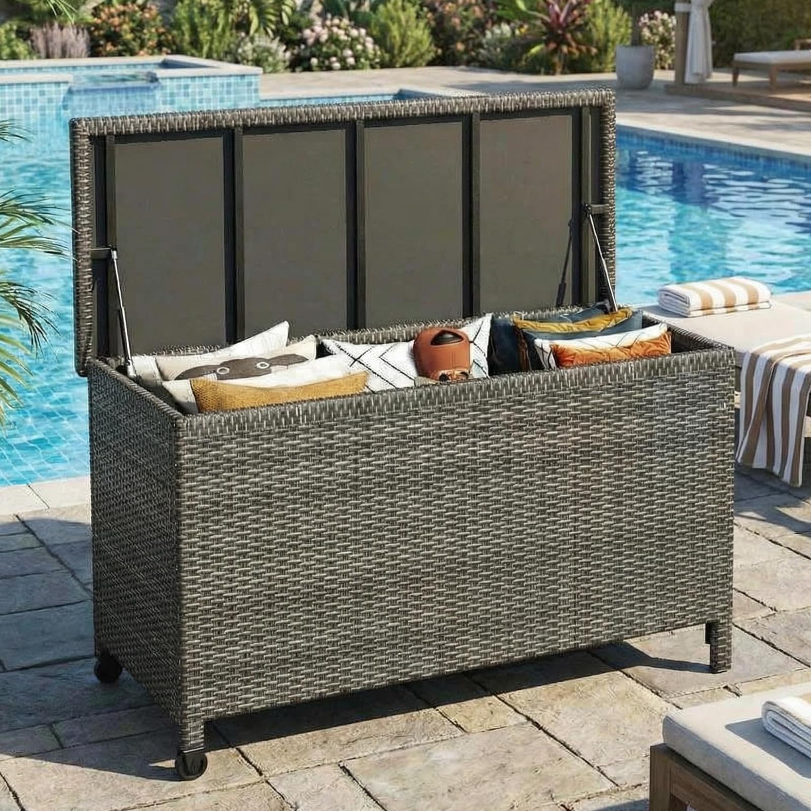 75 Gallon Outdoor Storage Bench, All-Weather PE Rattan Deck Box with Seat, Wicker Patio Furniture for Cushions, Garden Tools, Pool Accessories, Water-Resistant (Yellow Wicker & Beige Cushions)