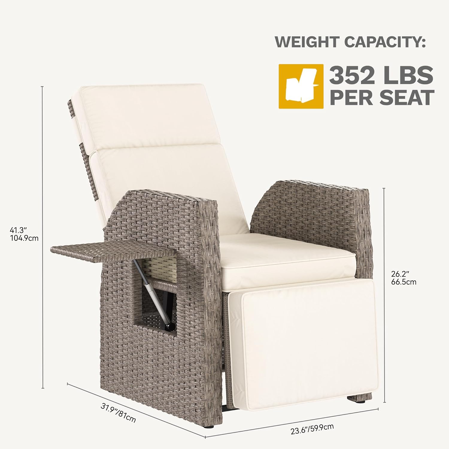 YITAHOME Outdoor Recliner Chair, Wicker Recliner Chair w/150° Reclining, Adjustable Footrest, Flip Table, Reclining Lounge Chair with 2.8" Thick Cushions for Deck Backyard Pool Side, Beige