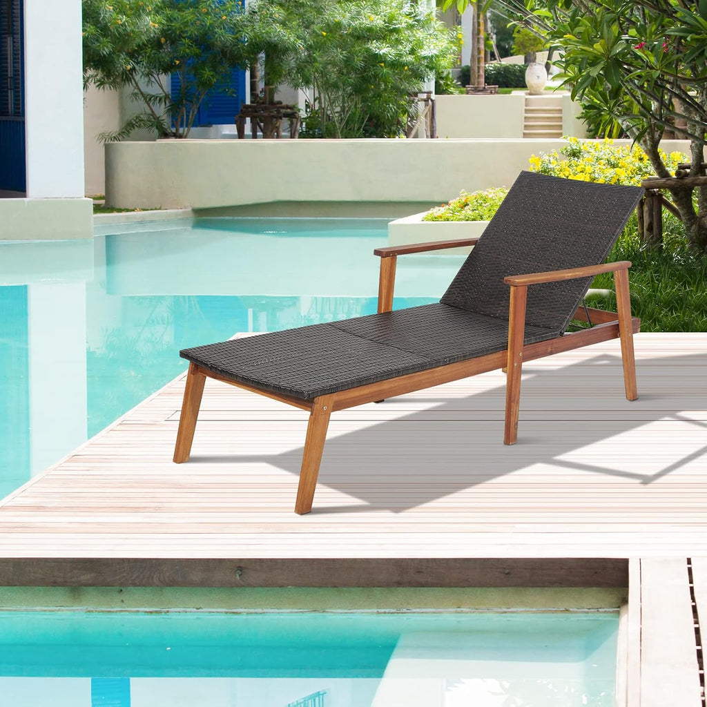 HAPPYGRILL Patio Chaise Lounge Chair, Outdoor Rattan Recliner with 4-Level Adjustable Backrest, Solid Acacia Wood Frame, Ergonomic Lounge Chair for Backyard Poolside Balcony