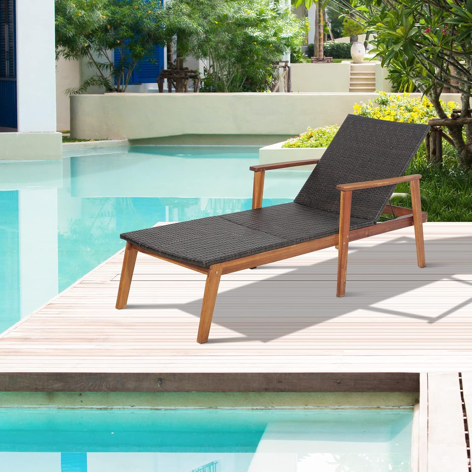 HAPPYGRILL Patio Chaise Lounge Chair, Outdoor Rattan Recliner with 4-Level Adjustable Backrest, Solid Acacia Wood Frame, Ergonomic Lounge Chair for Backyard Poolside Balcony