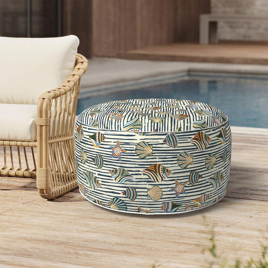 Outdoor Inflatable Stool Ottoman D31”xH14”, All Weather Portable Footrest Stool, Furniture Stool Ottomans for Home Garden Beach, Crayon Shells