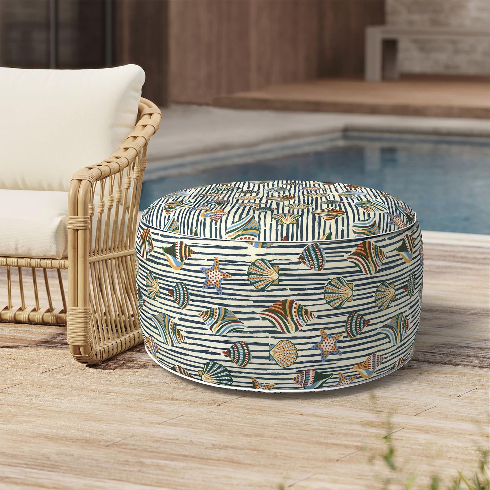 Outdoor Inflatable Stool Ottoman D31”xH14”, All Weather Portable Footrest Stool, Furniture Stool Ottomans for Home Garden Beach, Crayon Shells