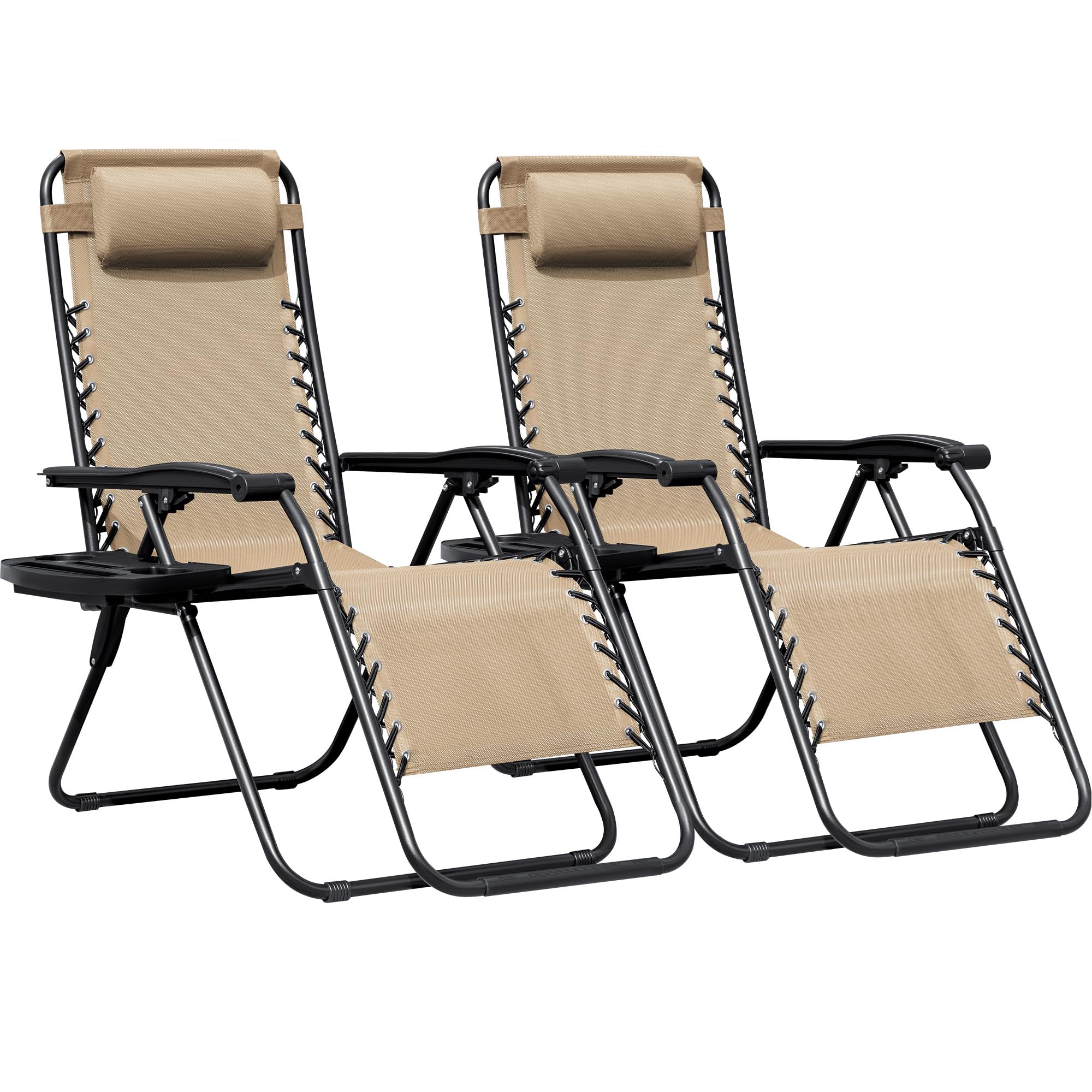 Greesum Zero Gravity Chairs Set of 2 Adjustable Steel Mesh Recliners Beach Deck Lawn Camping Patio Foldable Lounge Chair with Cup Holder Trays and Pillows,Black