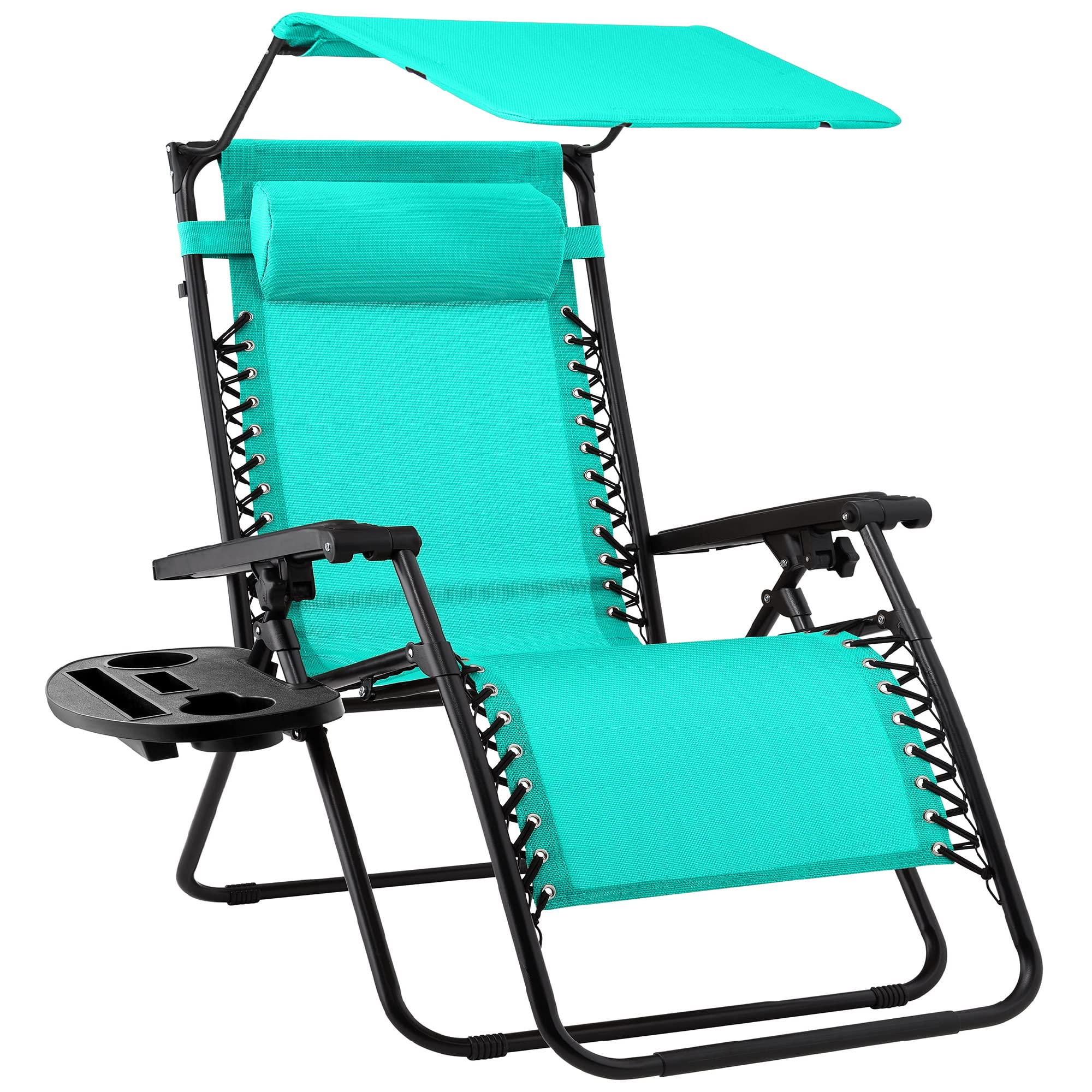 Best Choice Products Folding Zero Gravity Outdoor Recliner Patio Lounge Chair w/Adjustable Canopy Shade, Headrest, Side Accessory Tray, Textilene Mesh - Sage Green