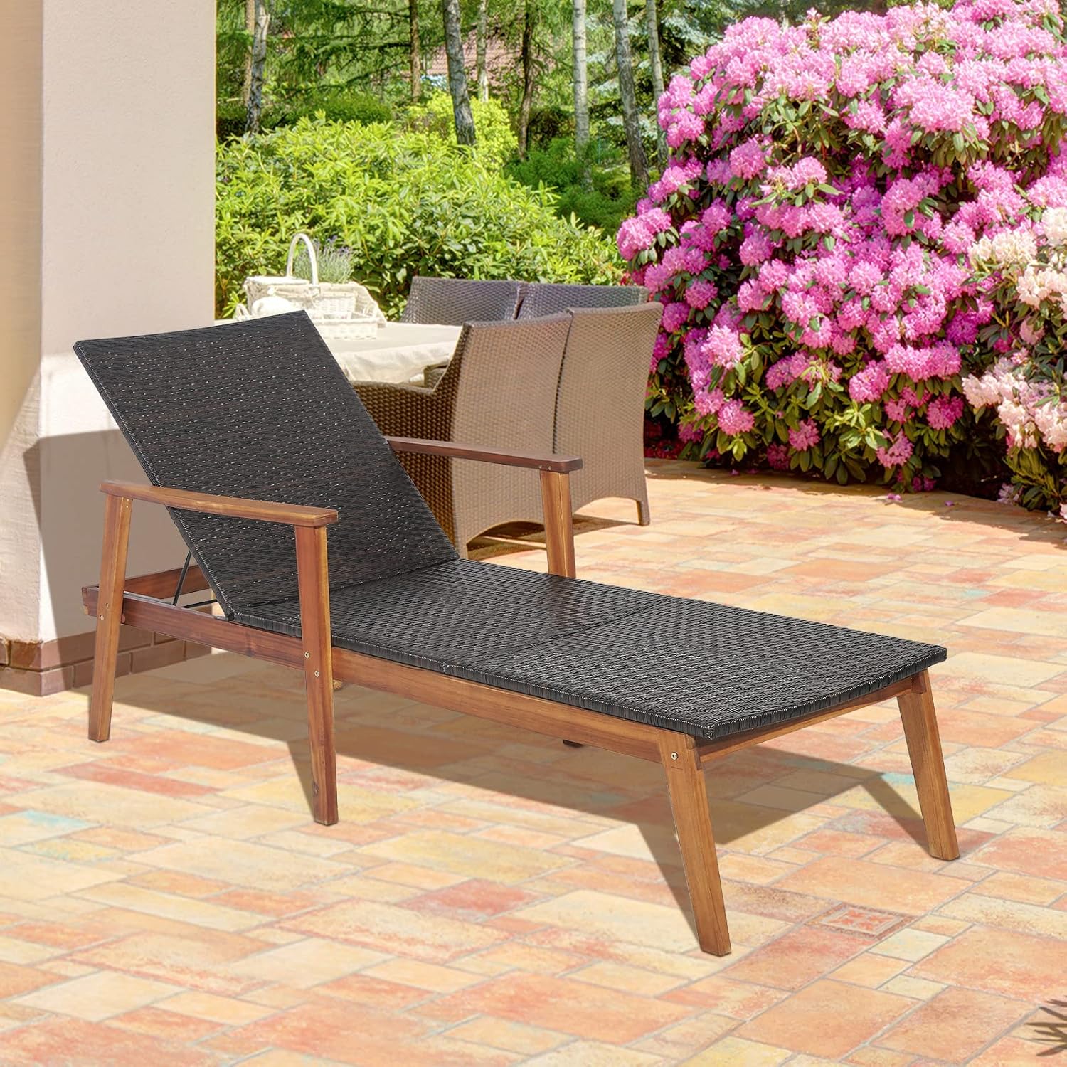 HAPPYGRILL Patio Chaise Lounge Chair, Outdoor Rattan Recliner with 4-Level Adjustable Backrest, Solid Acacia Wood Frame, Ergonomic Lounge Chair for Backyard Poolside Balcony