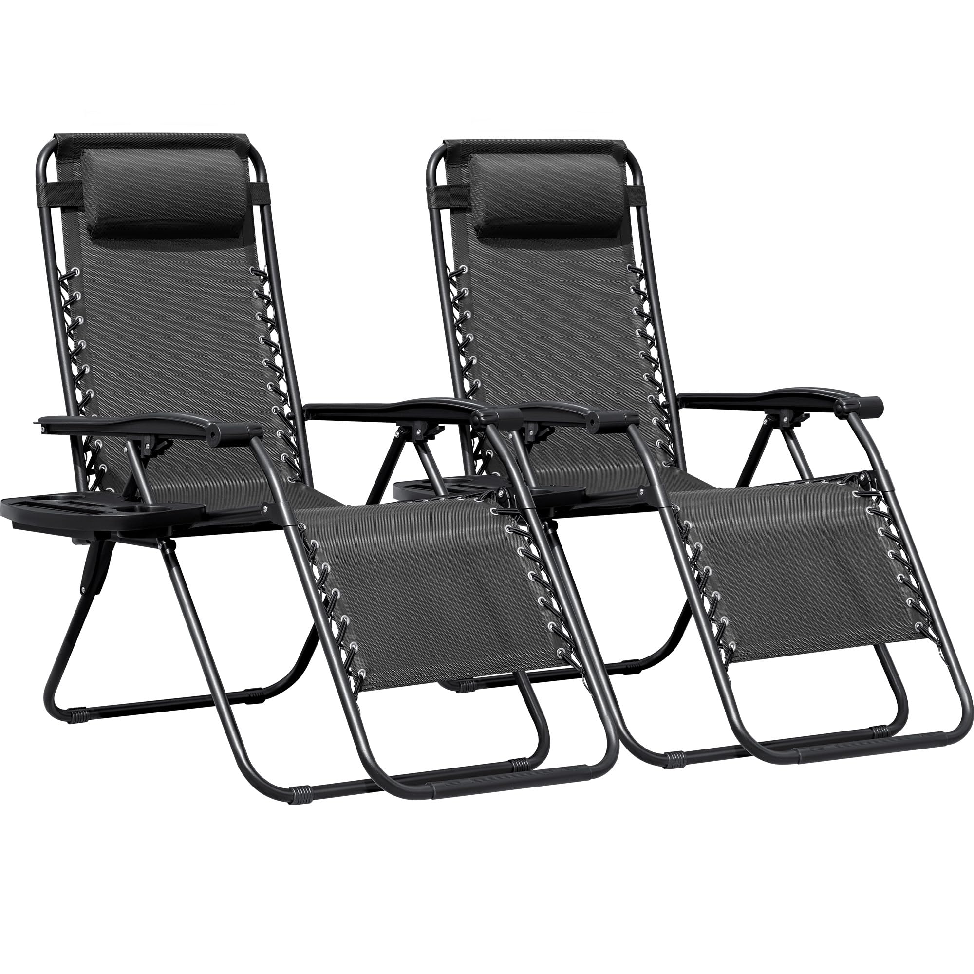 Greesum Zero Gravity Chairs Set of 2 Adjustable Steel Mesh Recliners Beach Deck Lawn Camping Patio Foldable Lounge Chair with Cup Holder Trays and Pillows,Black