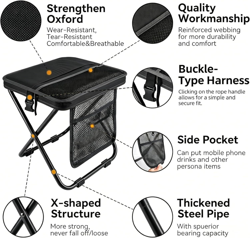 Foldable Camping Stool, Heavy Duty Thickened Collapsible Portable Pocket Chair, Compact Pocket Size Travel Seat for Hiking, Fishing, Picnic and Outdoor Activities (L15*W12*H16in)