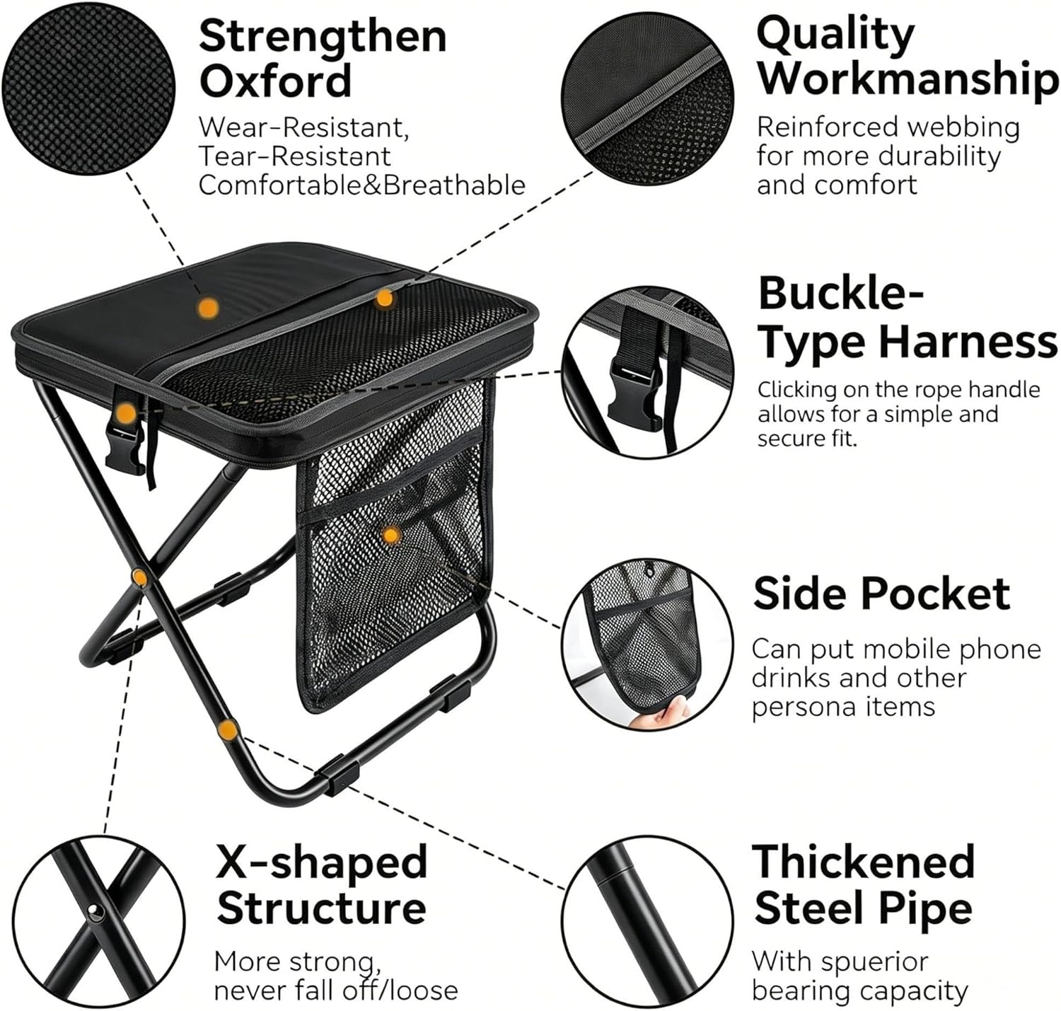 Foldable Camping Stool, Heavy Duty Thickened Collapsible Portable Pocket Chair, Compact Pocket Size Travel Seat for Hiking, Fishing, Picnic and Outdoor Activities (L15*W12*H16in)