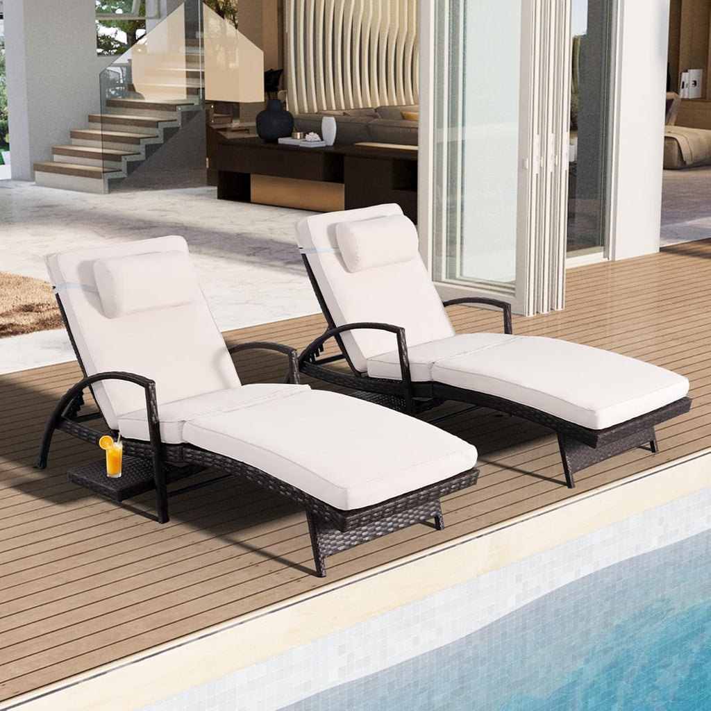 2-Pack White PE Rattan Chaise Lounge, 6-Position Adjustable with Side Table