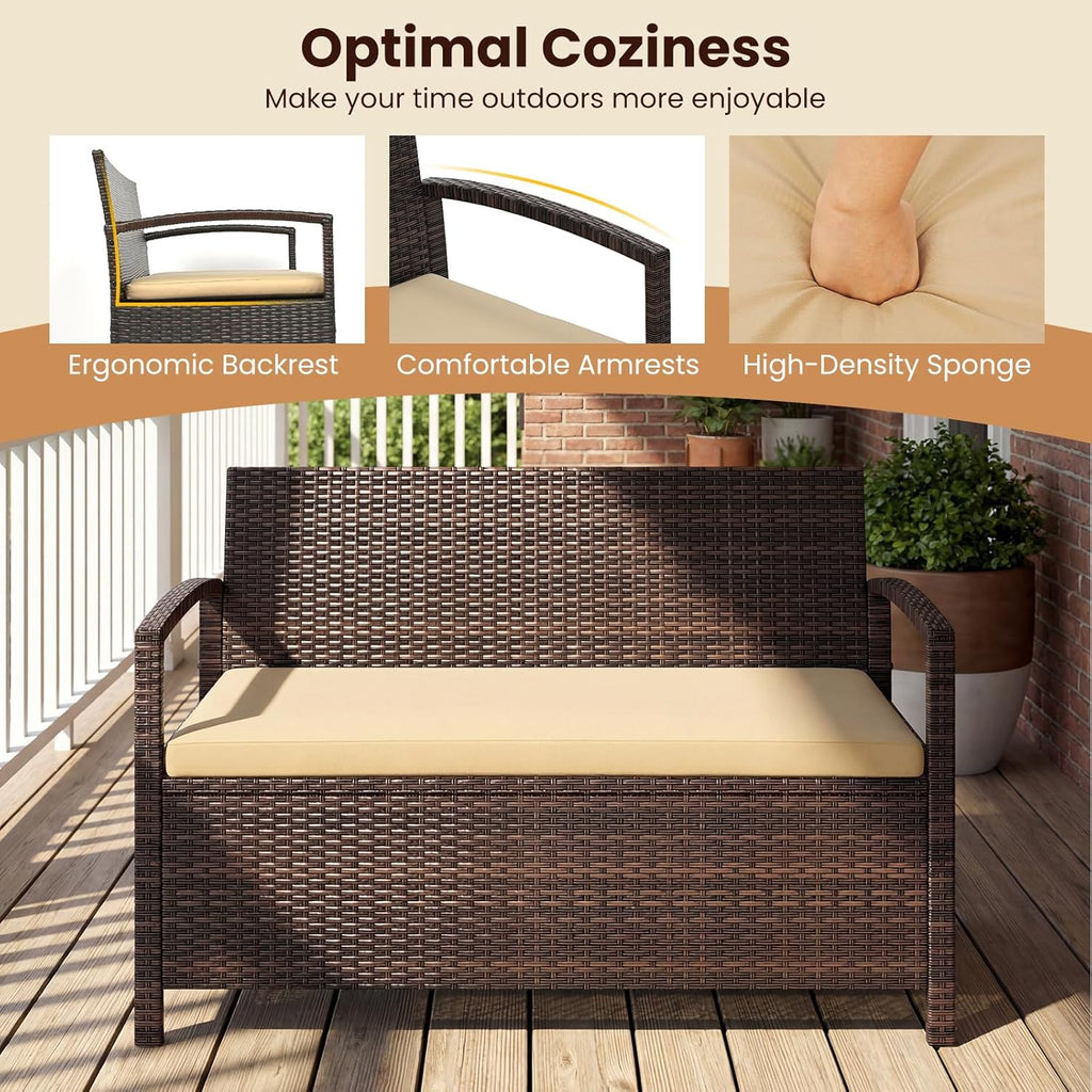 HAPPYGRILL Outdoor Storage Bench Rattan Wicker Deck Box with Padded Cushion for Garden Patio Tools and Supplies, 42 Gal Storage Box