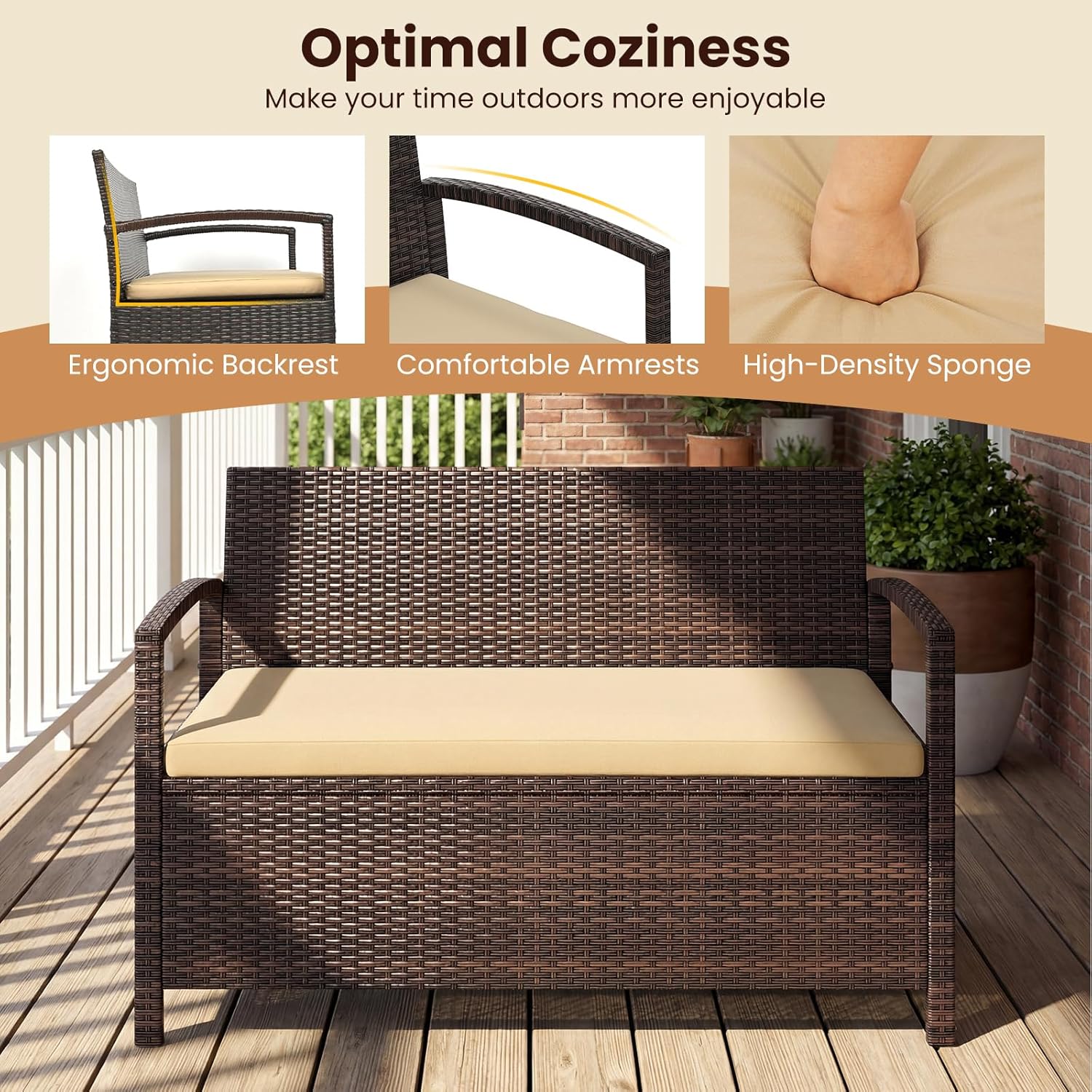 HAPPYGRILL Outdoor Storage Bench Rattan Wicker Deck Box with Padded Cushion for Garden Patio Tools and Supplies, 42 Gal Storage Box