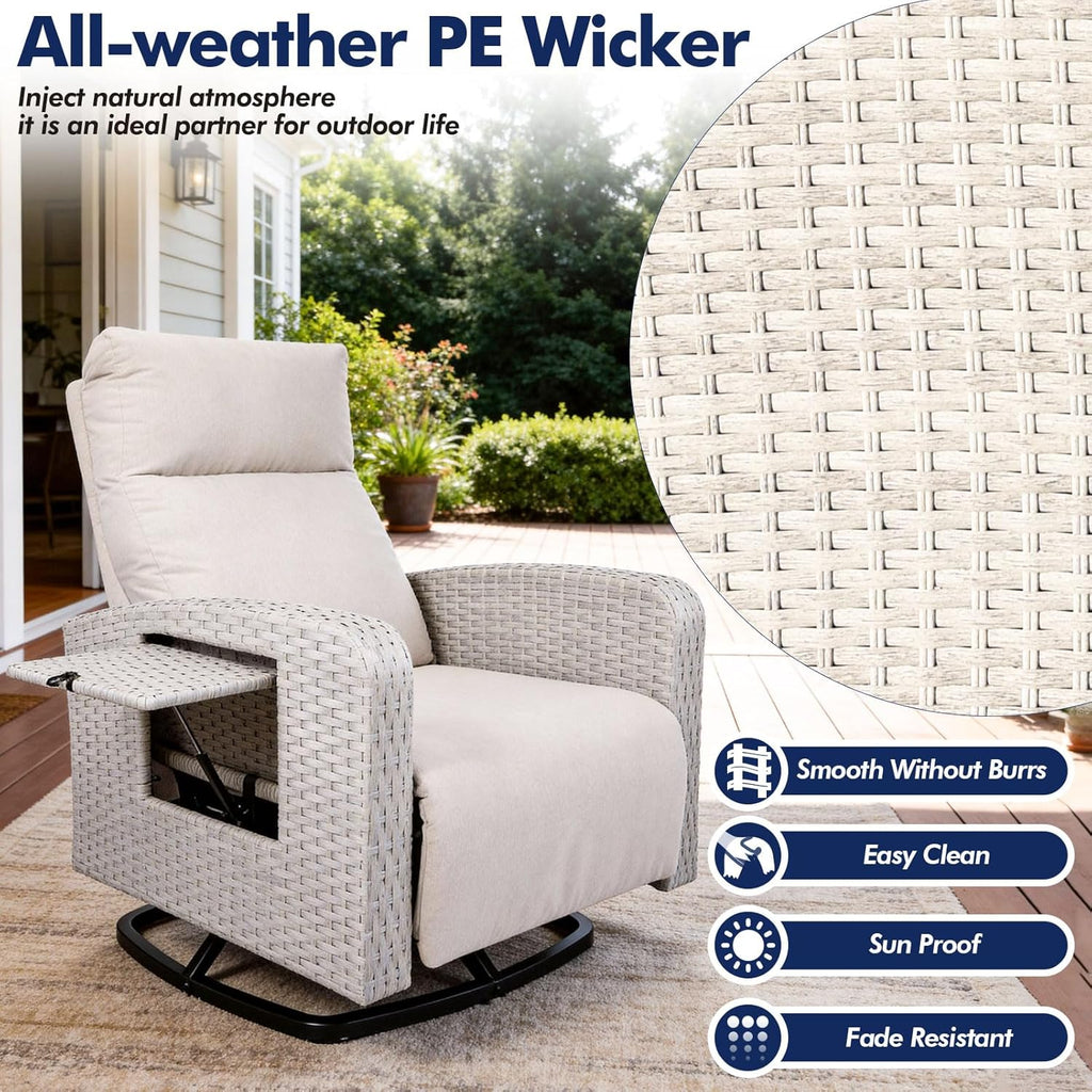 ZZW Outdoor Recliner Chair, Wicker Patio Recliners with Adjustable Backrest and Extended Foot Rest, Reclining Patio Chairs with Flip Table & Removable Cushion Cover for Porch