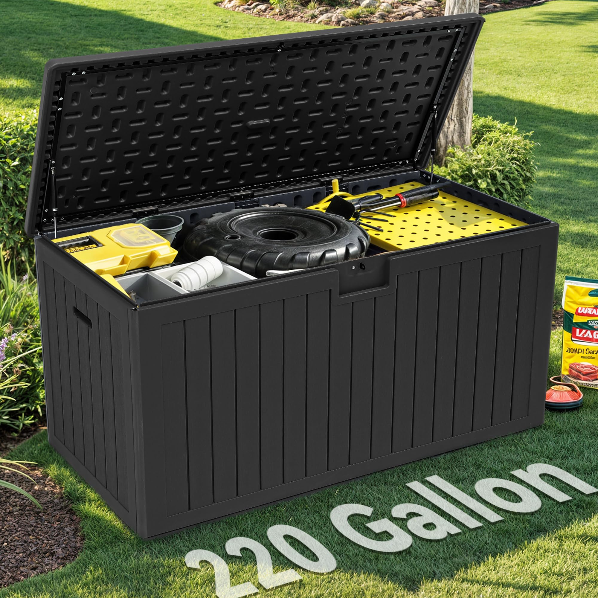 YITAHOME 70 Gallon Deck Bench with Storage, Outdoor Storage Box Bench with Armrests for Patio Garden Pool Porch, Waterproof&Lockable, Light Brown