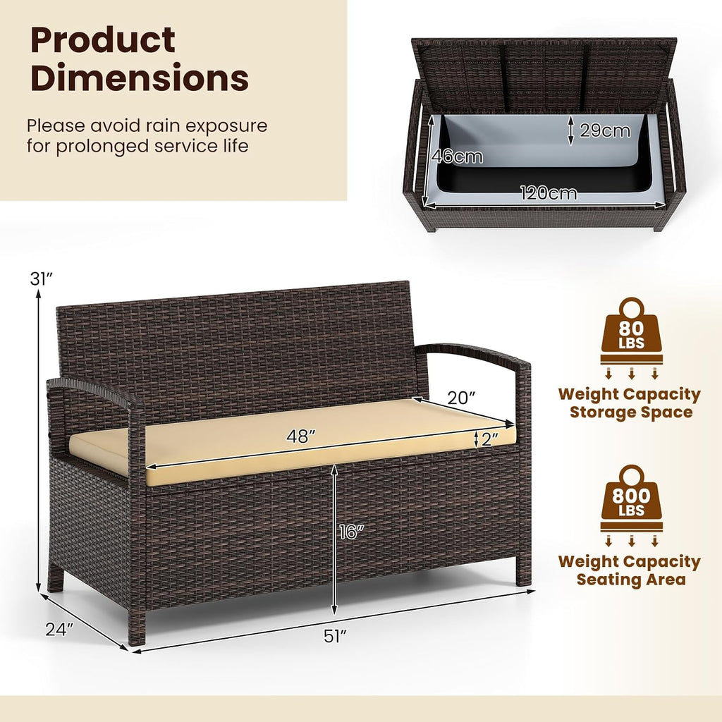 HAPPYGRILL Outdoor Storage Bench Rattan Wicker Deck Box with Padded Cushion for Garden Patio Tools and Supplies, 42 Gal Storage Box