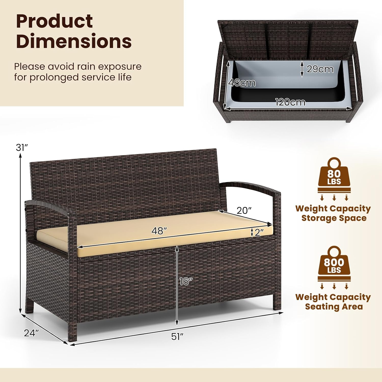 HAPPYGRILL Outdoor Storage Bench Rattan Wicker Deck Box with Padded Cushion for Garden Patio Tools and Supplies, 42 Gal Storage Box