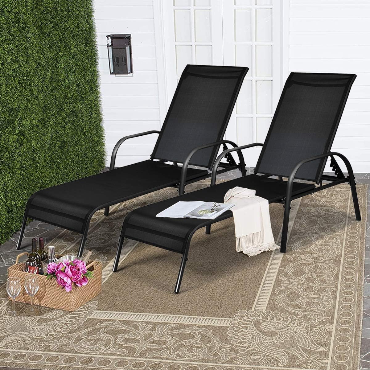 COSTWAY Outdoor Lounge Chairs Set of 2, Patio Chaise Lounge Recliner with Heavy Duty Steel Frame, 5-Position Adjustable Backrest for Deck, Beach, Pool (2, Black)