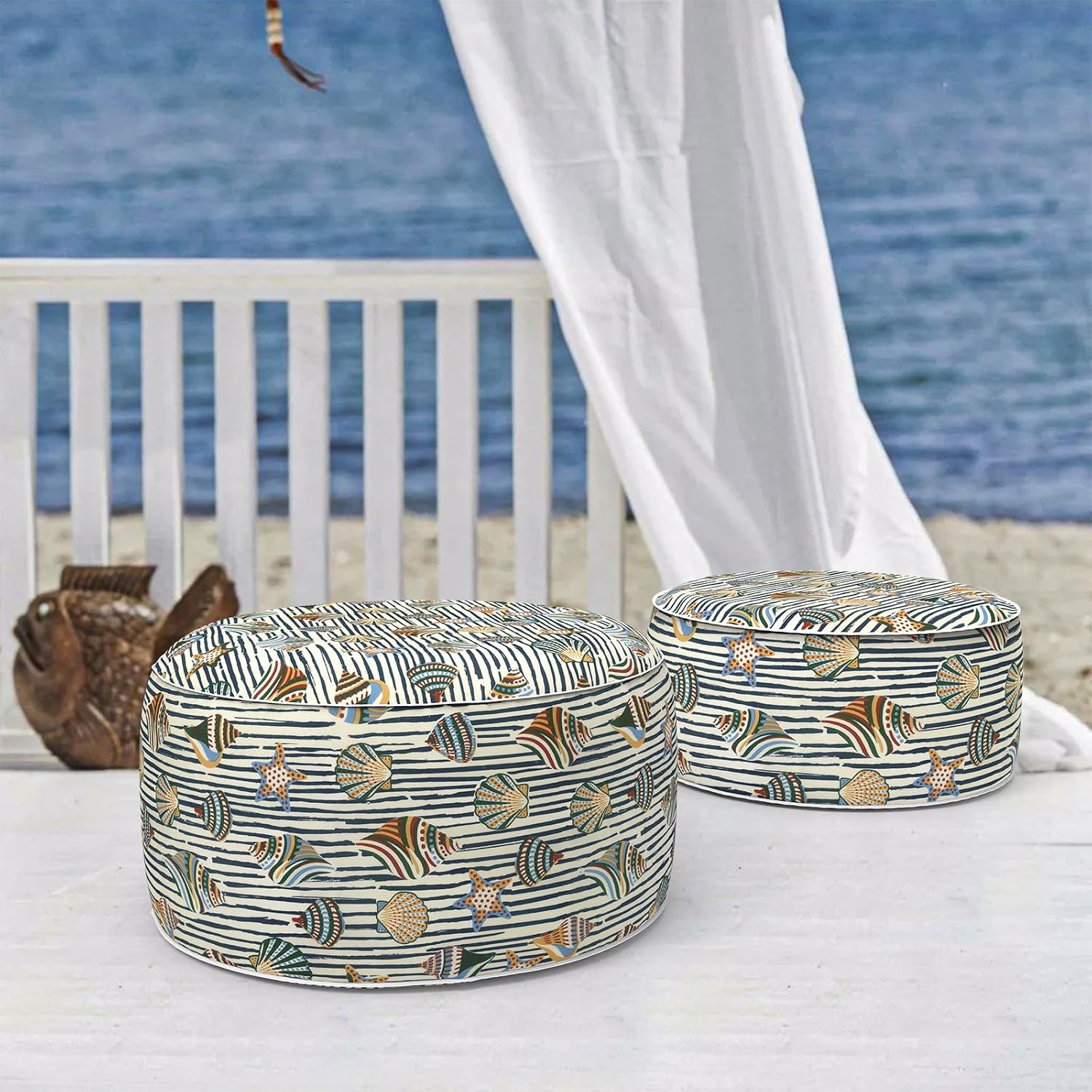 Outdoor Inflatable Stool Ottoman D31”xH14”, All Weather Portable Footrest Stool, Furniture Stool Ottomans for Home Garden Beach, Crayon Shells
