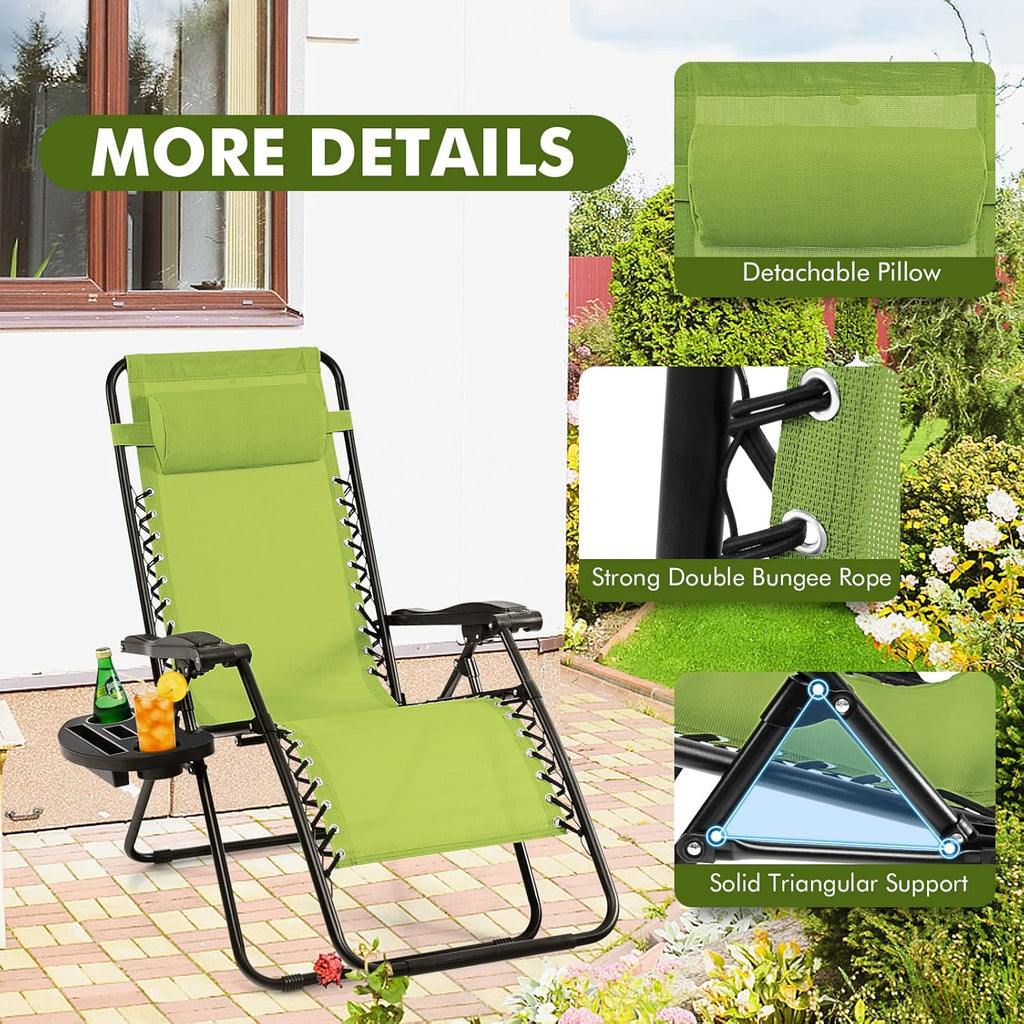 Giantex Zero Gravity Reclining Chair, Outdoor Patio Recliner with Cup Holder & Removable Pillow, Adjustable Backrest, Indoor Lounge Chair for Backyard, Garden, Poolside (Green)