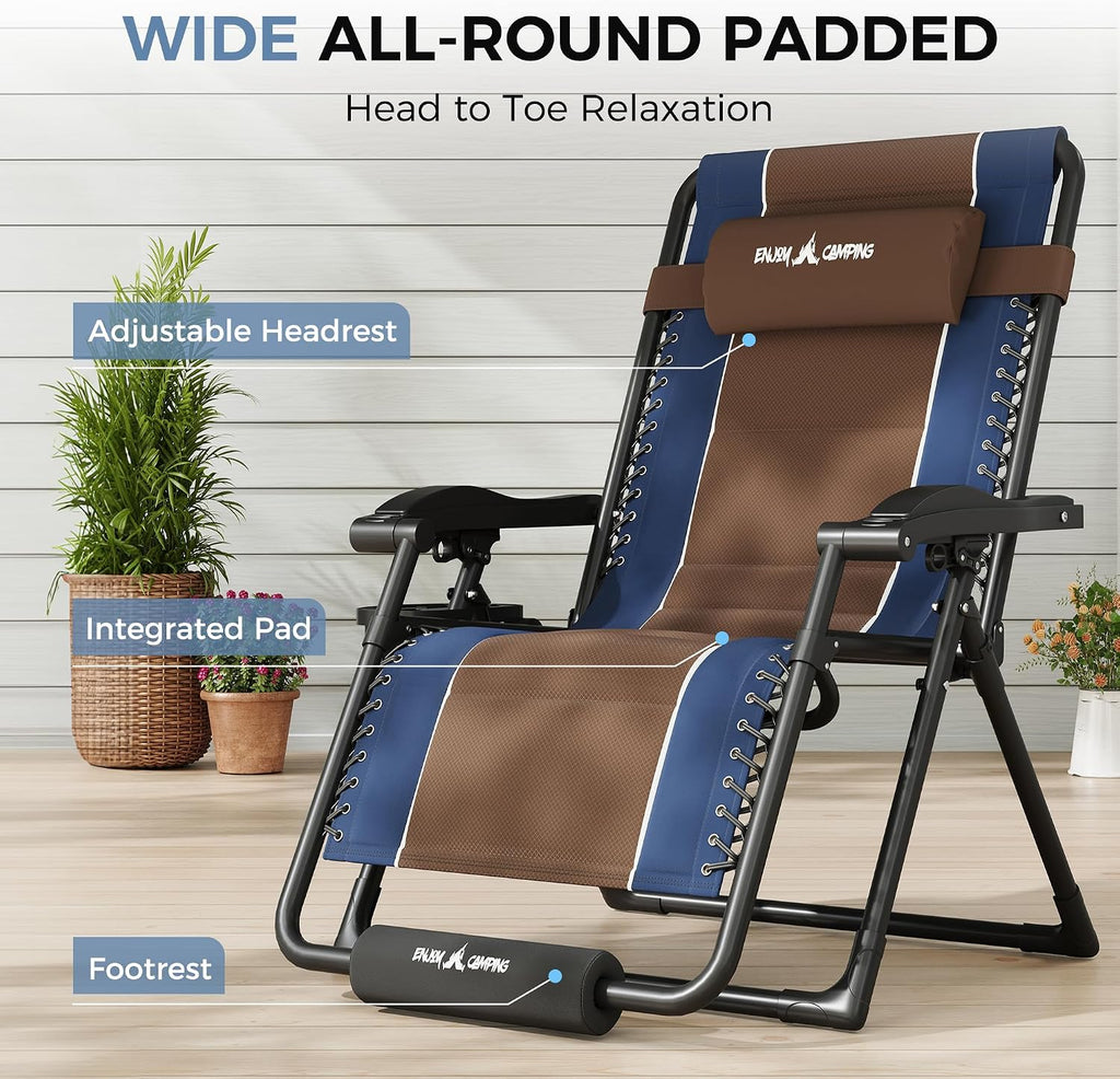 UDPATIO Zero Gravity Chair Oversized Outdoor Anti Gravity Chairs Patio Lounge Folding Adjustable Chair with Cup Holder, Foot Pad & Padded Headrest (2, Blue/Brown, 33in)