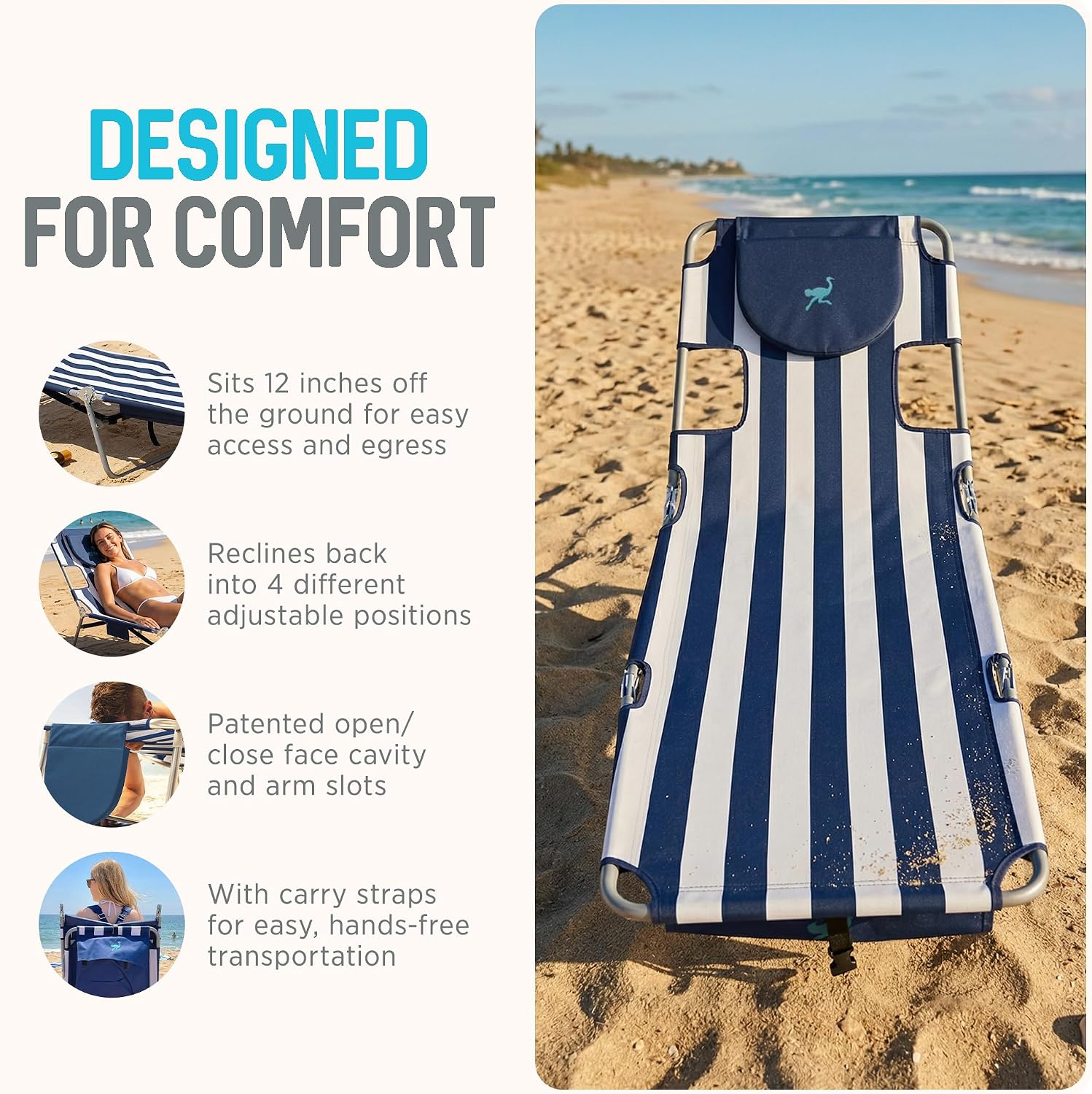 Ostrich the Backpack Chaise Lounge, Folding & Reclining Outdoor Beach Chaise Lounger Chair for Lawn, Pool, Patio, Garden, and Yard, Blue Stripe