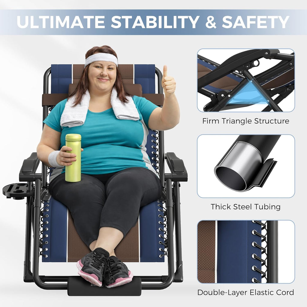 UDPATIO Zero Gravity Chair Oversized Outdoor Anti Gravity Chairs Patio Lounge Folding Adjustable Chair with Cup Holder, Foot Pad & Padded Headrest (2, Blue/Brown, 33in)