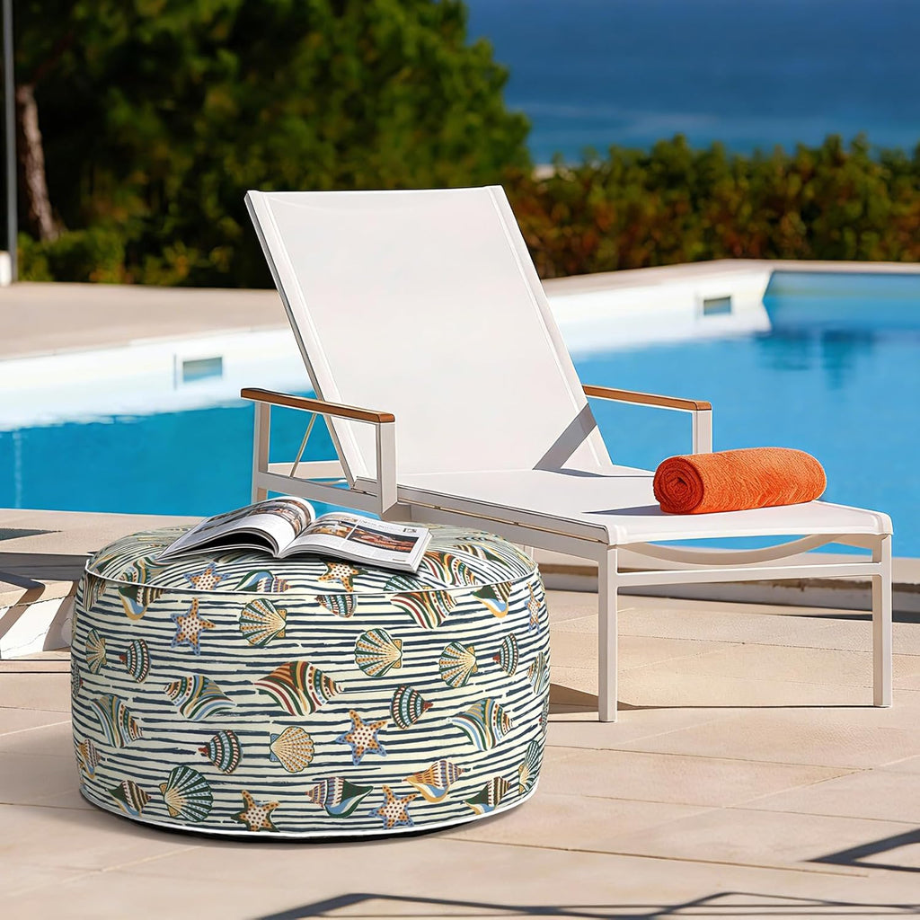 Outdoor Inflatable Stool Ottoman D31”xH14”, All Weather Portable Footrest Stool, Furniture Stool Ottomans for Home Garden Beach, Crayon Shells