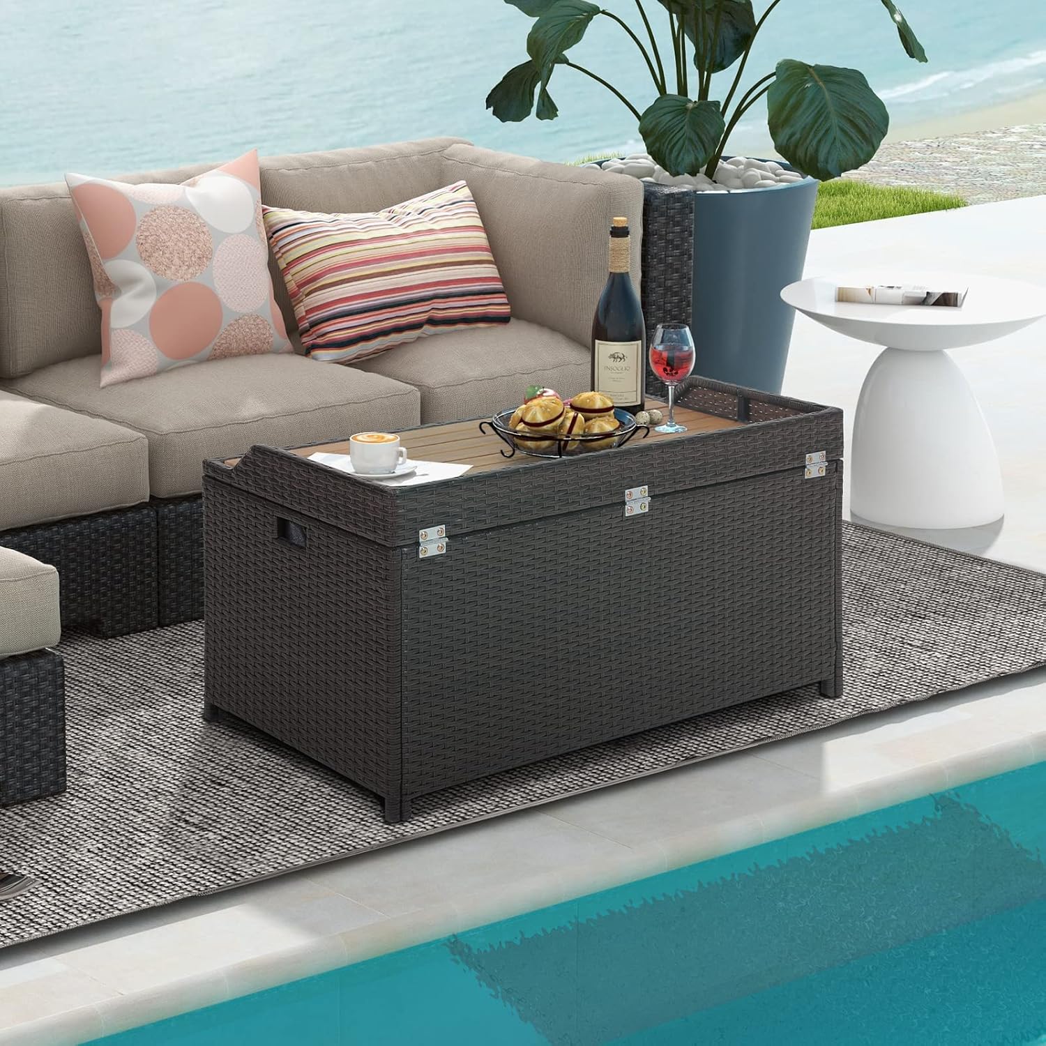 Tangkula 45 Gallon Outdoor Storage Bench, Mix Brown Rattan Storage Container with Zippered Liner, Acacia Wood Top Lid, Sturdy Gas Strut Support, 3-in-1 Multifunctional Deck Box for Front Porch, Garden