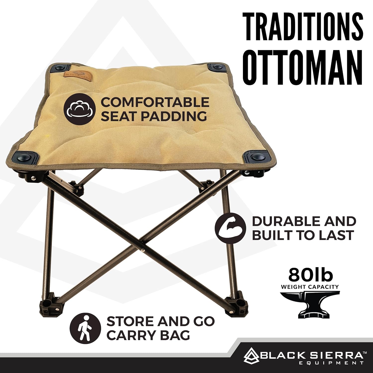 Black Sierra Traditions Camping Foot Stool, Folding Camp Ottoman, Lightweight Collapsible Camp Footrest, Folding Camping Footrest, Lightweight Beach Chair Footrest, Portable Folding Outdoor Footrest