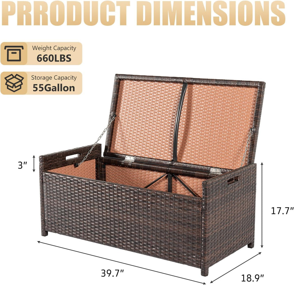 PROHIKER 2-in-1 Wicker Deck Box Bench, All-Weather 55 Gallon Outdoor Storage Box with Cushions and Waterproof Bag, Rattan Storage Bench for Pool Tools, Outdoor Equipments and Garden Tools, Brown/Beige