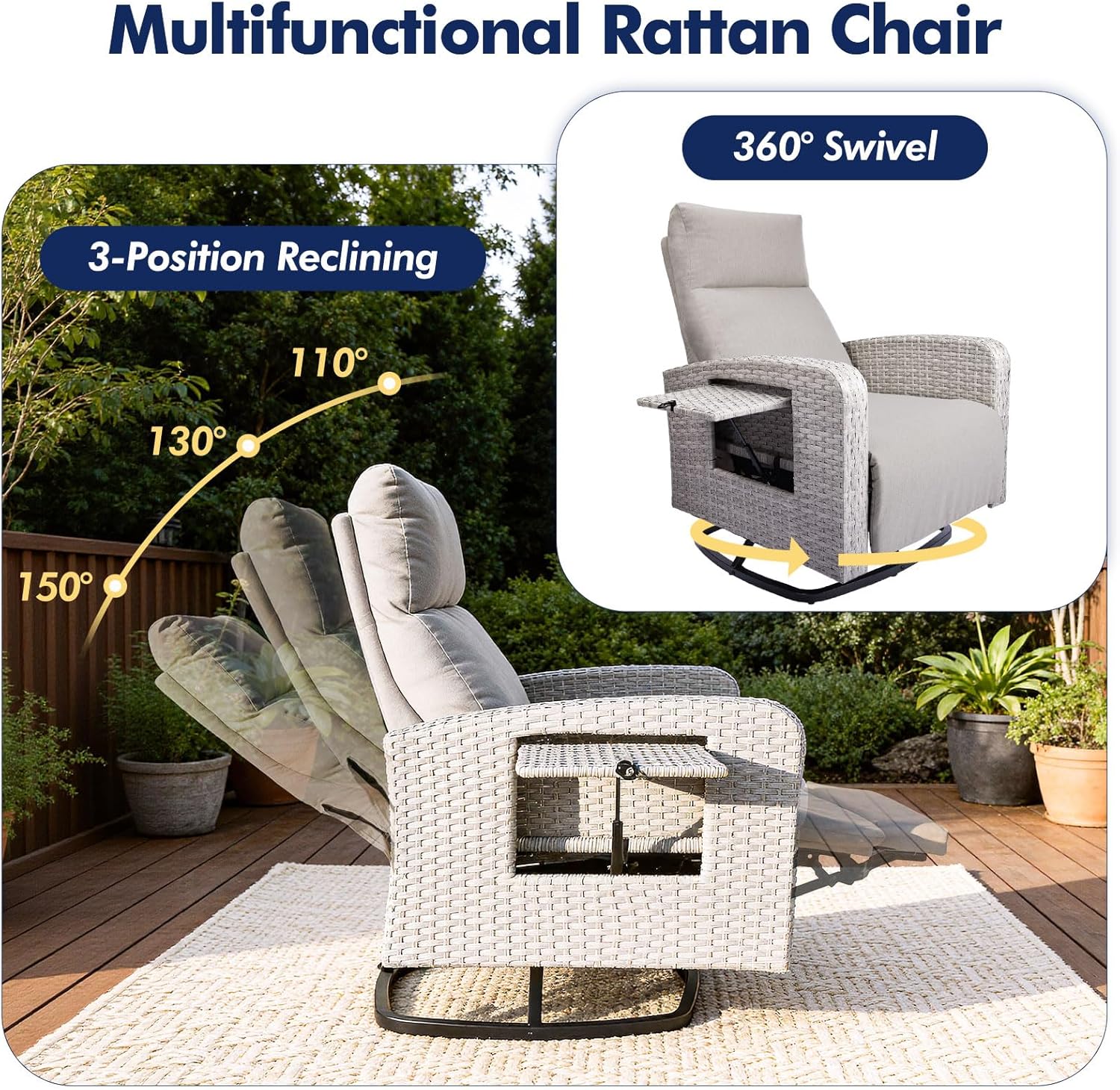 ZZW Outdoor Recliner Chair, Wicker Patio Recliners with Adjustable Backrest and Extended Foot Rest, Reclining Patio Chairs with Flip Table & Removable Cushion Cover for Porch
