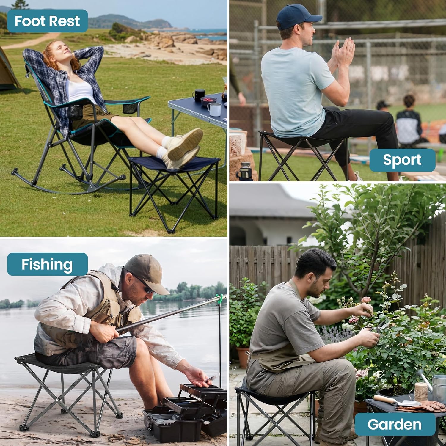 FUNDANGO Folding Camping Stool, 18.1 Inch Oversized Foot Stools 330 Lbs Heavy Duty Portable Padded Seat Anti-Slip Foots & Carry Bag for Fishing Outdoor Lawn Travel (Black)