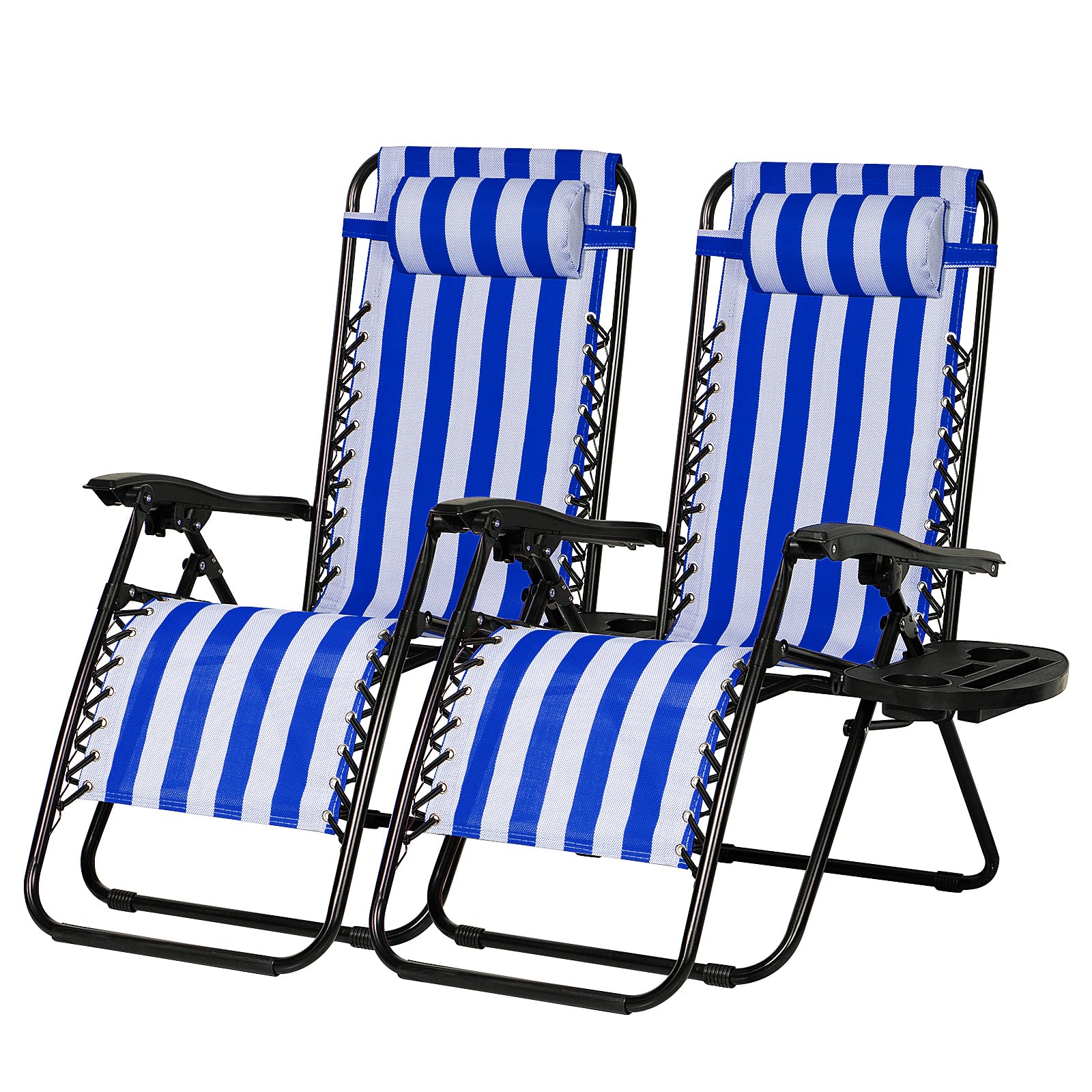 Nazhura Set of 2 Relaxing Recliners Patio Chairs Adjustable Steel Mesh Zero Gravity Lounge Chair Beach Chairs with Pillow and Cup Holder Black