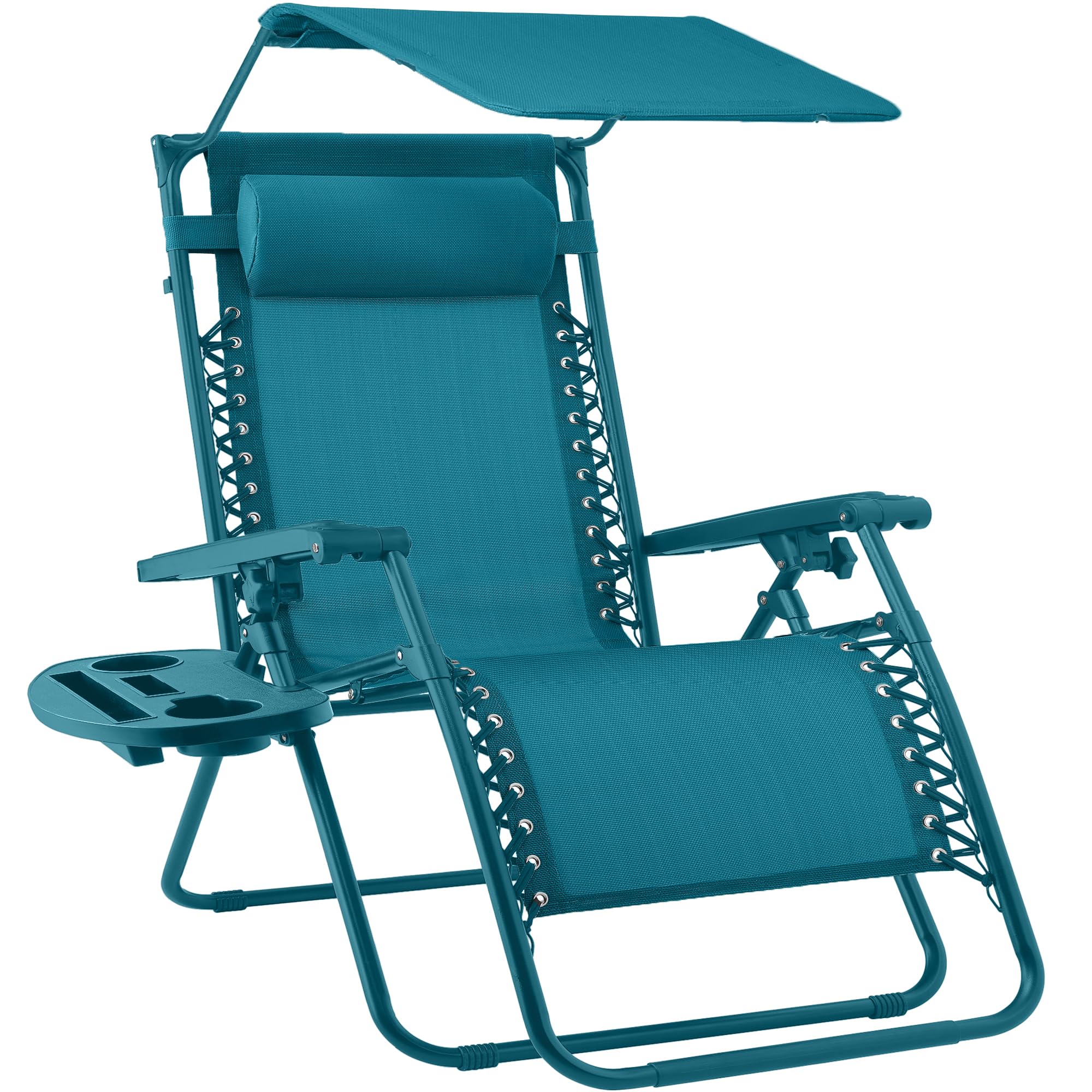 Best Choice Products Folding Zero Gravity Outdoor Recliner Patio Lounge Chair w/Adjustable Canopy Shade, Headrest, Side Accessory Tray, Textilene Mesh - Sage Green