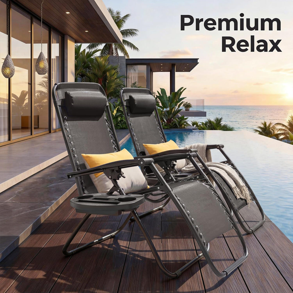 Greesum Zero Gravity Chairs Set of 2 Adjustable Steel Mesh Recliners Beach Deck Lawn Camping Patio Foldable Lounge Chair with Cup Holder Trays and Pillows,Black