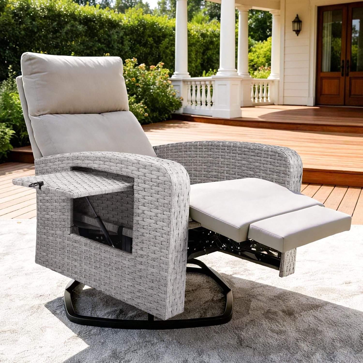 ZZW Outdoor Recliner Chair, Wicker Patio Recliners with Adjustable Backrest and Extended Foot Rest, Reclining Patio Chairs with Flip Table & Removable Cushion Cover for Porch
