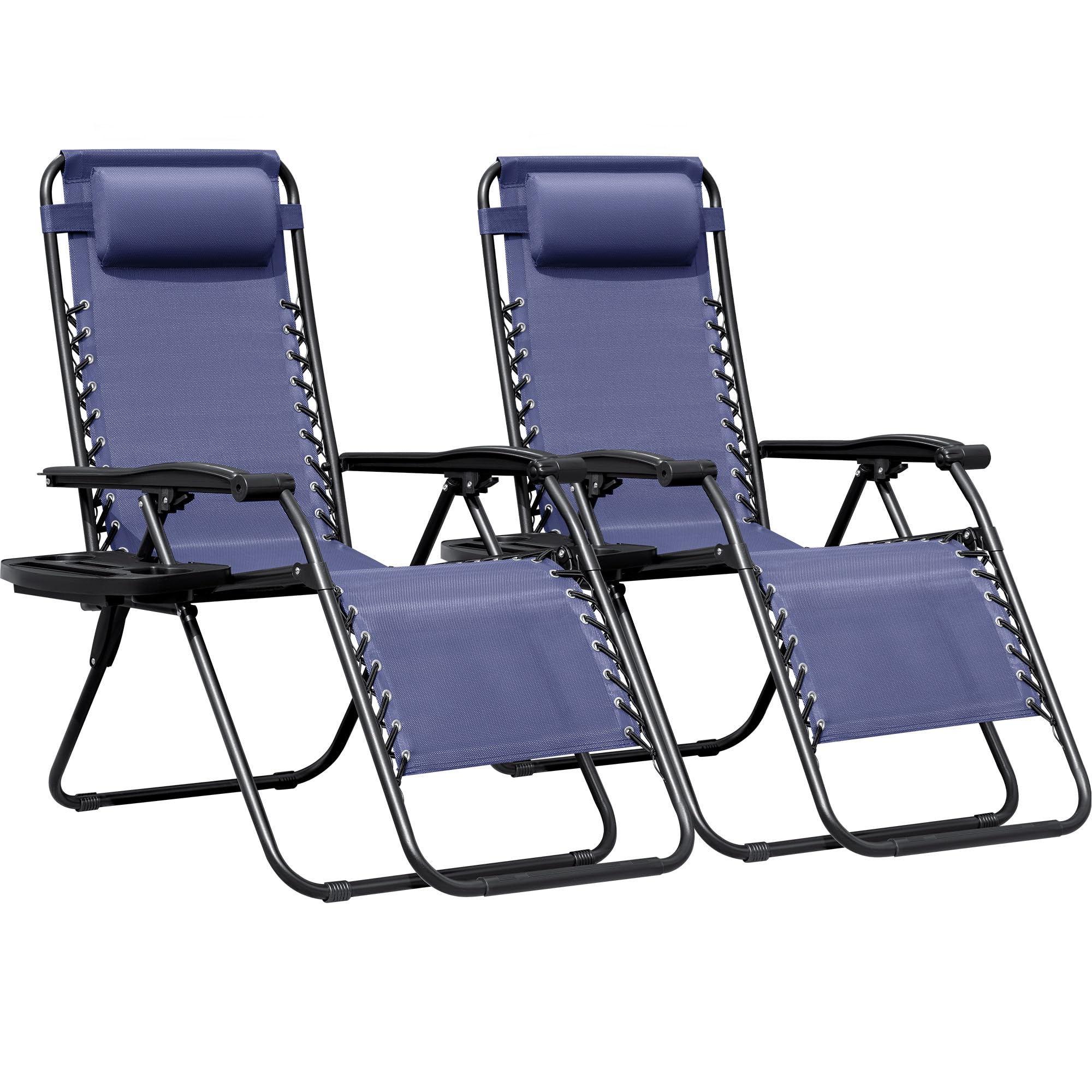 Greesum Zero Gravity Chairs Set of 2 Adjustable Steel Mesh Recliners Beach Deck Lawn Camping Patio Foldable Lounge Chair with Cup Holder Trays and Pillows,Black