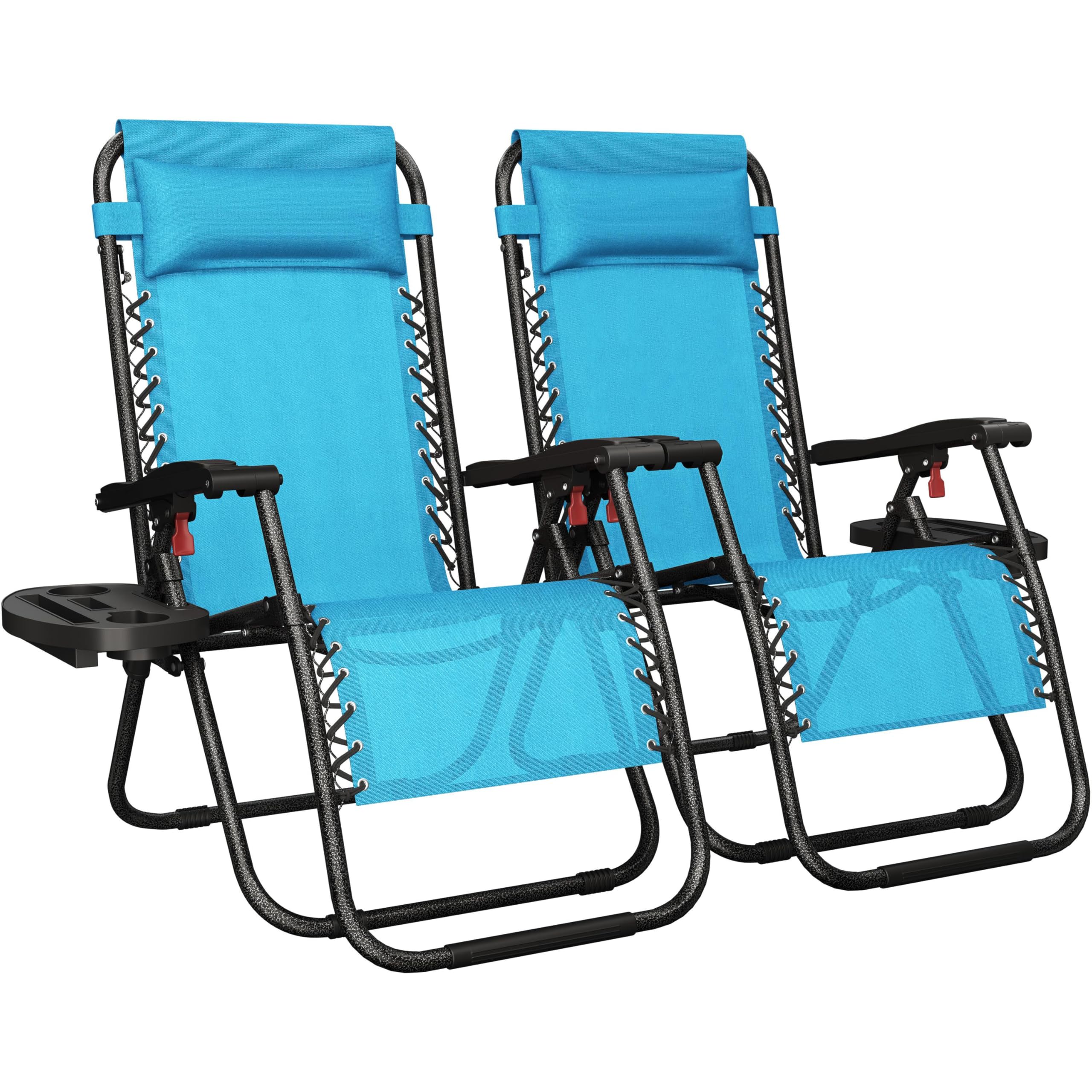 Yaheetech 26" Zero Gravity Recliners Outdoor Adjustable Folding Reclining Lounge Chairs w/Pillows, Cup Holder Trays and Carry Strap for Patio Backyard Beach New Black Set of 2