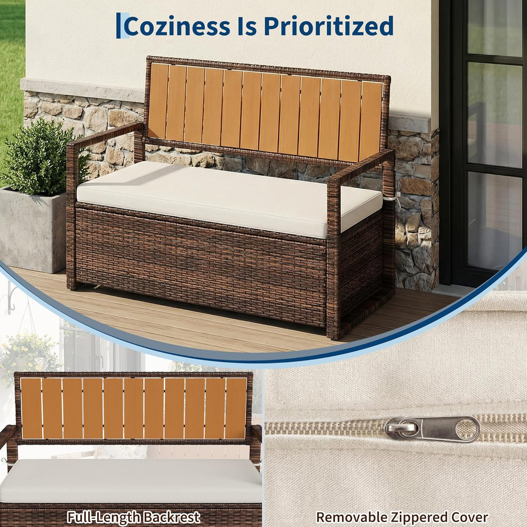 75 Gallon Deck Box Organizer, PE Rattan Storage Bench with Backrest & Waterproof Cushion, Patio Seat with Wood Armrests & Metal Frame for Porch, Backyard, Garden, Poolside