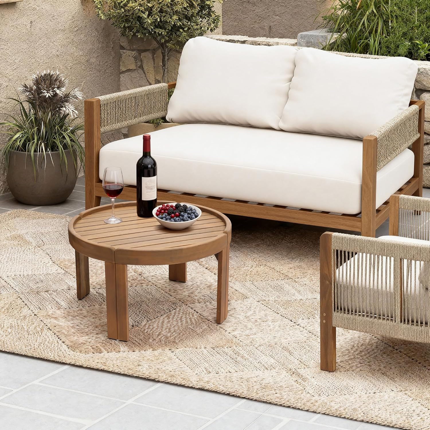 27.5" Dia Wooden Outdoor Table for Patio, Balcony & Porch