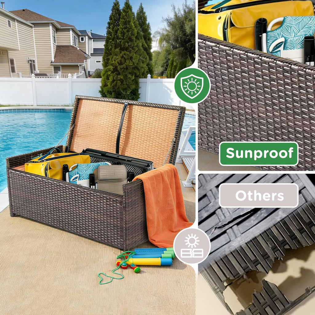 PROHIKER 2-in-1 Wicker Deck Box Bench, All-Weather 55 Gallon Outdoor Storage Box with Cushions and Waterproof Bag, Rattan Storage Bench for Pool Tools, Outdoor Equipments and Garden Tools, Brown/Beige