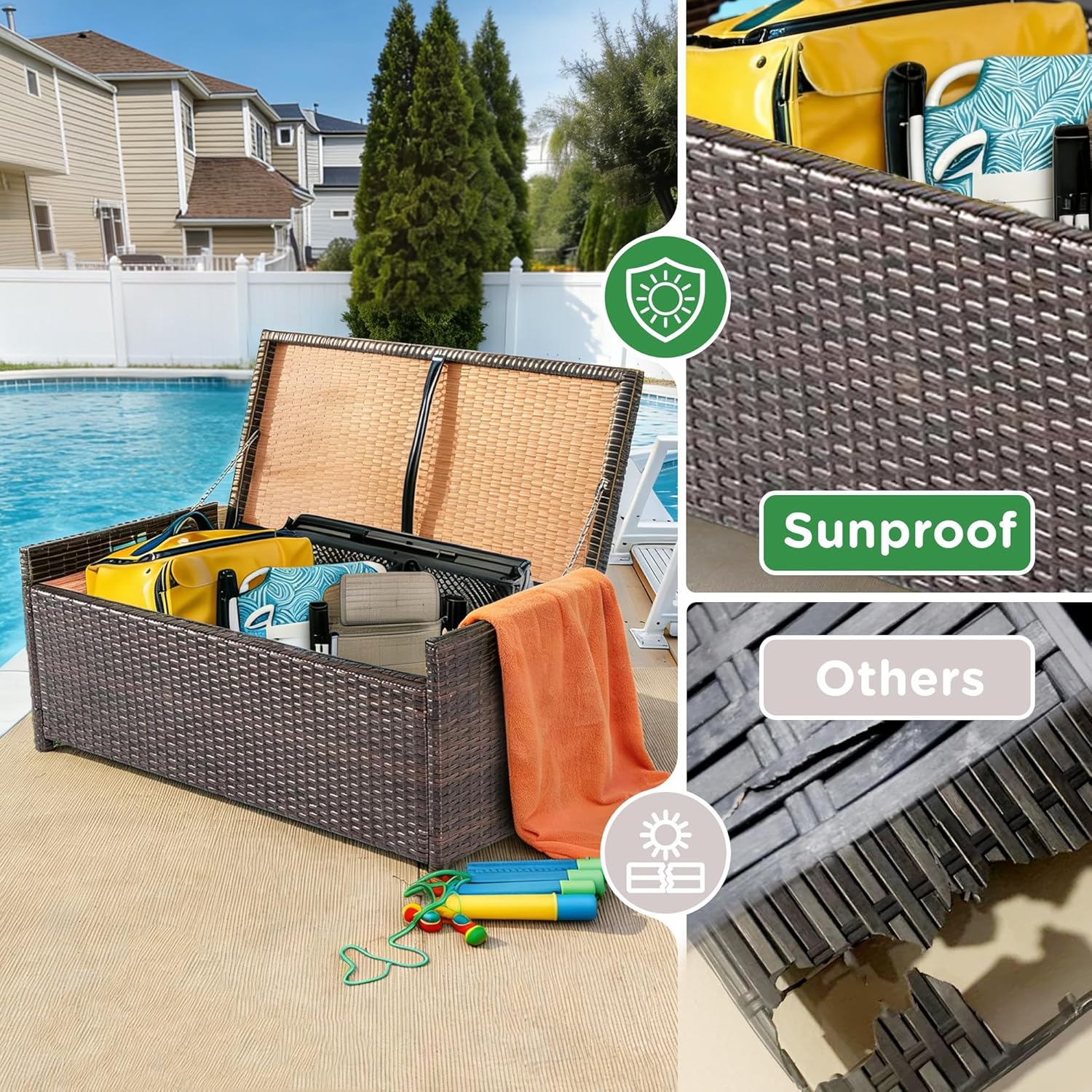 PROHIKER 2-in-1 Wicker Deck Box Bench, All-Weather 55 Gallon Outdoor Storage Box with Cushions and Waterproof Bag, Rattan Storage Bench for Pool Tools, Outdoor Equipments and Garden Tools, Brown/Beige